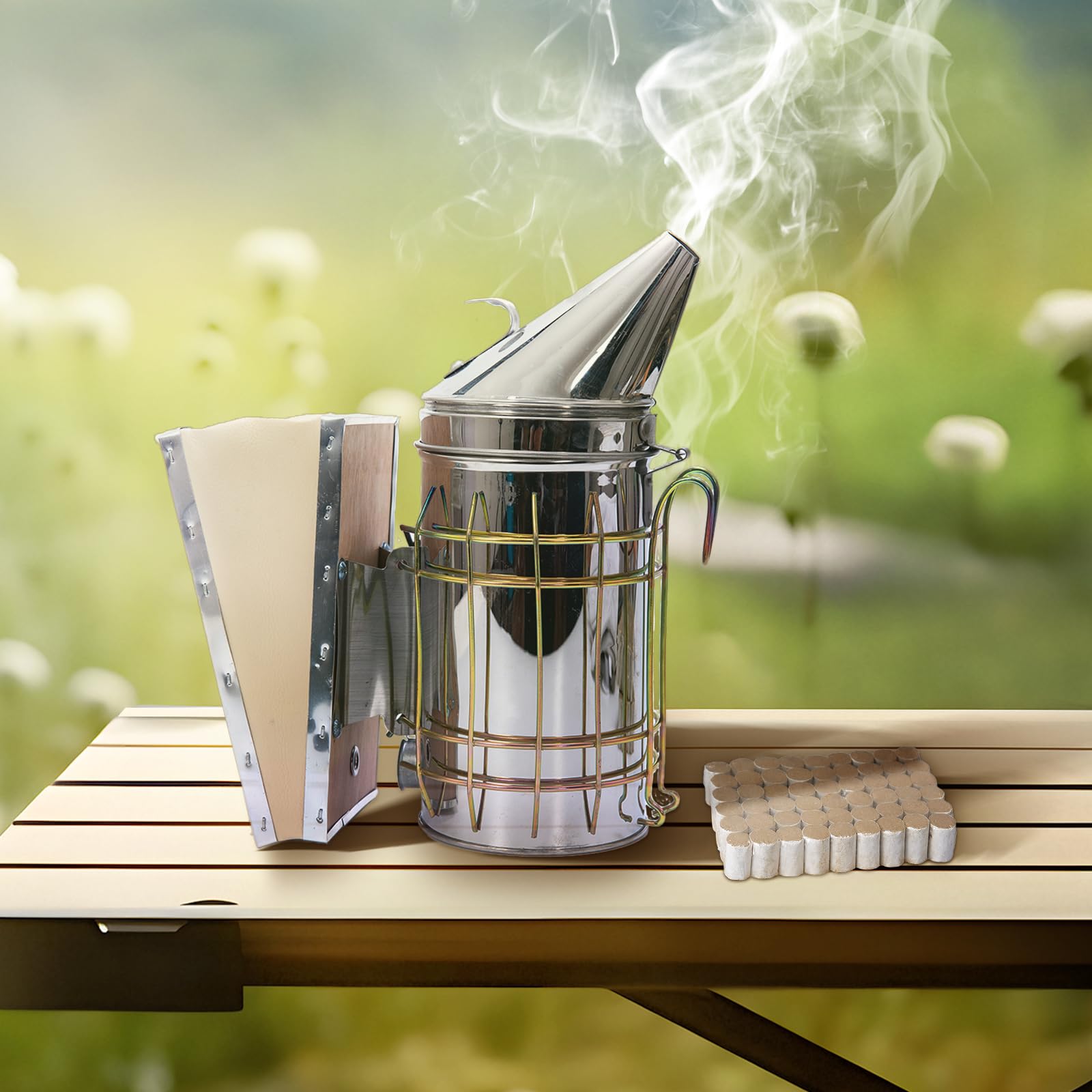 Kit de ahumador de colmena de abeja, ahumador de colmena de abeja de acero inoxidable con escudo térmico, kit de herramientas de apicultura incluido 54 pellets de ahumador de colmena para apicultor