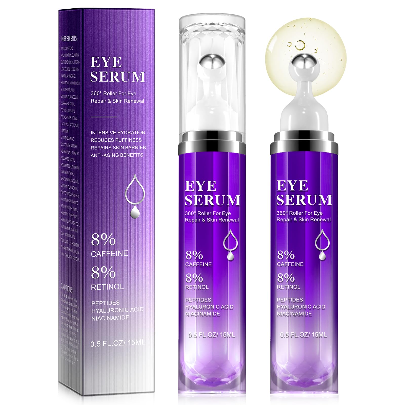 Eye Serum with 8% Caffeine 15ml 2 Pack, Under Eye Serum for Dark Circles and Puffiness Eye Wrinkles and Fine Lines, Eye Cream