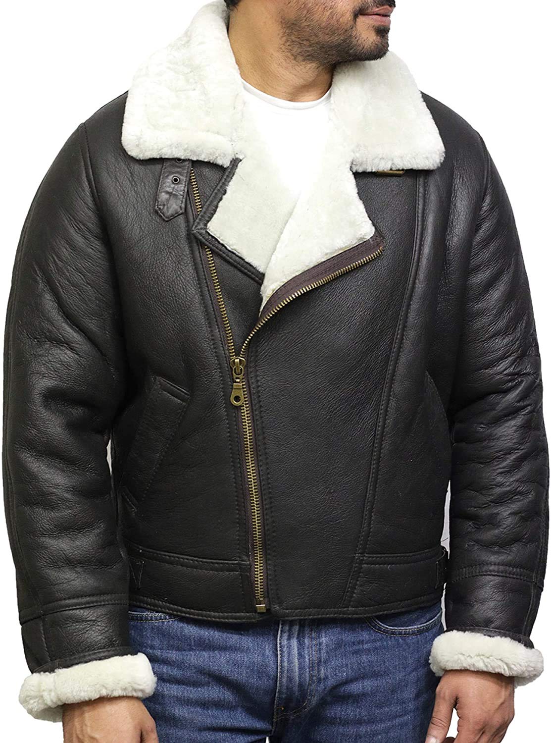 Brandslock Mens Aviator Pilot B3 Real Shearling Sheepskin Leather Bomber Jacket
