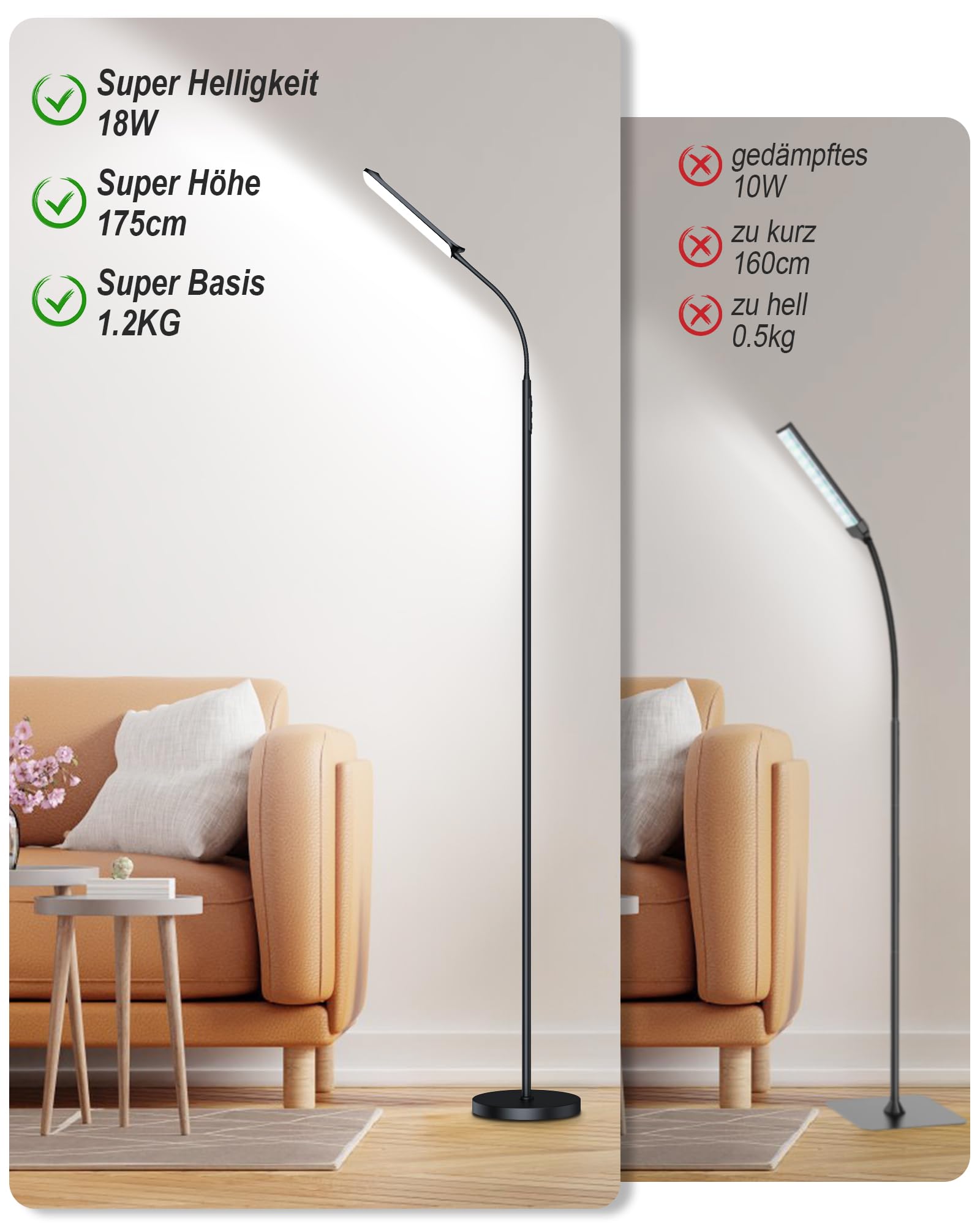 TRUMPETS 18W Stehlampe LED Dimmbar 2000LM mit Fernbedienung Unendliche Farbtemperatur & lineare Leuchtdichte, 360° Flexibler Schwanenhals,1 Hour Timer, floor lamp für Wohnzimmer Schlafzimmer