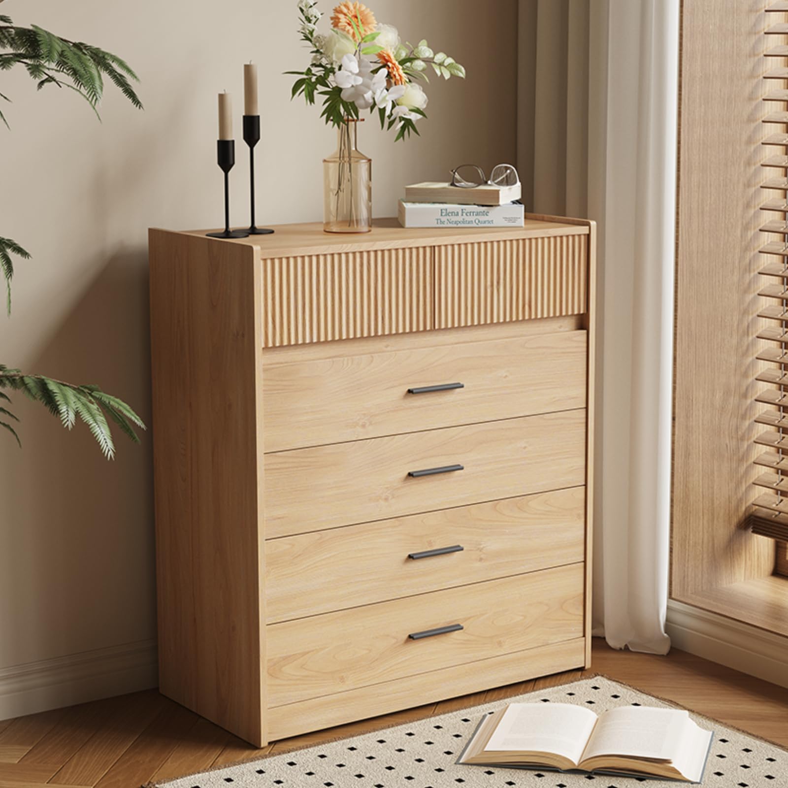 DG1 Cómoda con 6 Cajones, Blanco y Roble, 74x40x90 cm, Tablero de Partículas con Certificación FSC, Diseño Moderno Compacto (Madera Natural)
