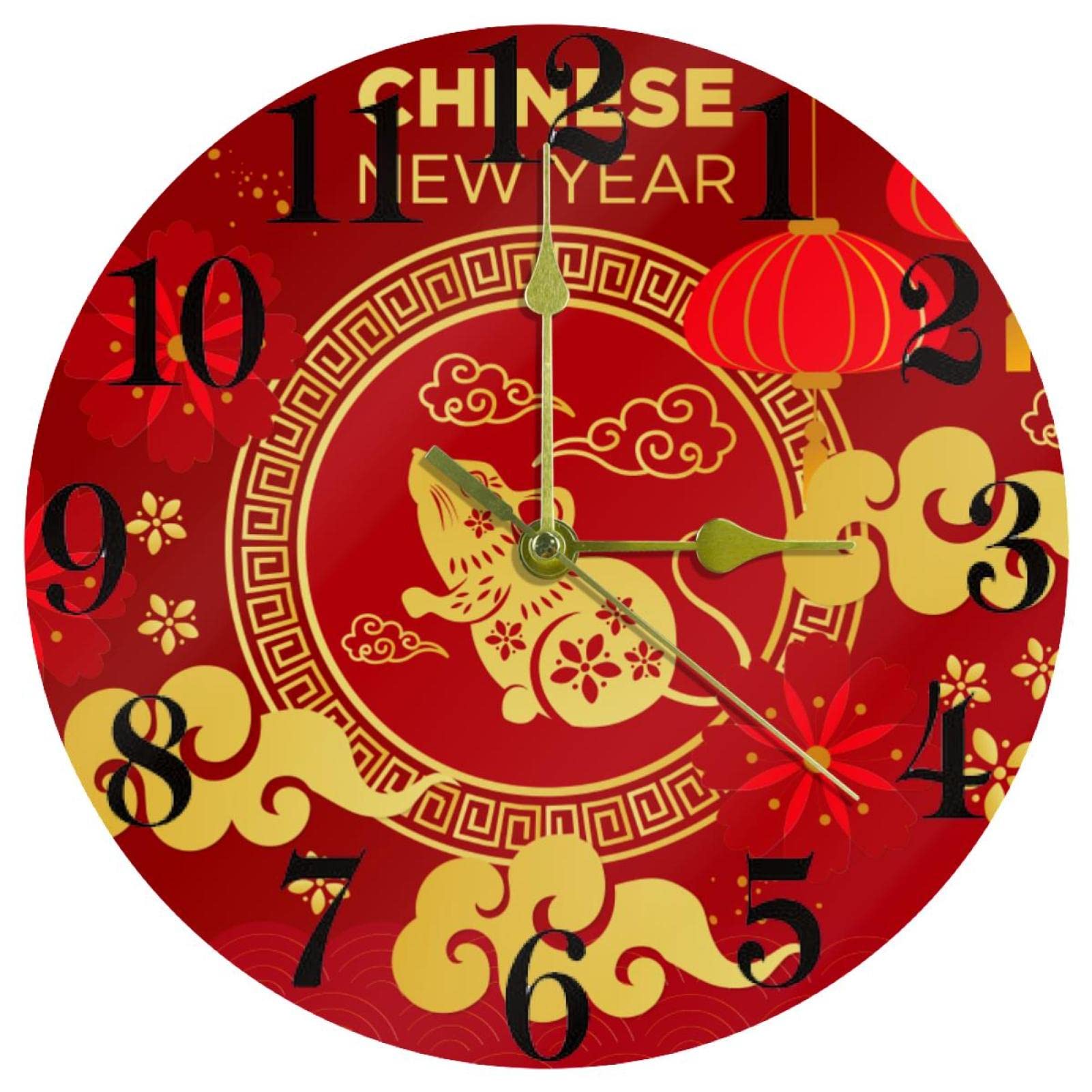 Horloge murale souris Nouvel An chinois ronde de 25,4 cm pour cuisine et bureau