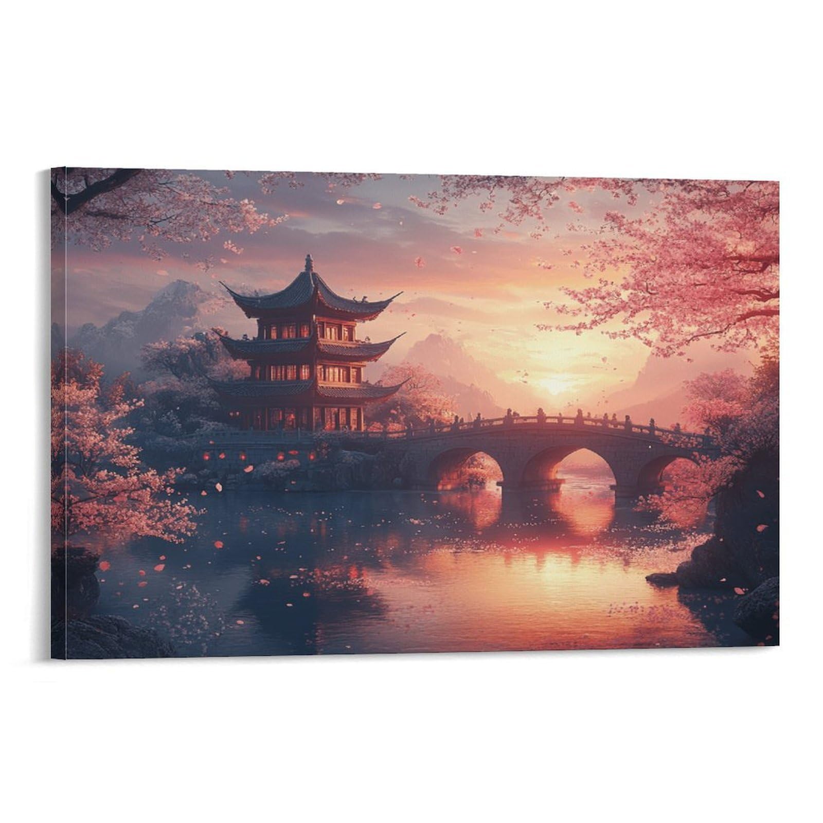 CPLVKWRQJ Ancient Chinese Pavilion Individual Cherry Blossom Pagoda Sunset Wall Art Decor - Kitchen Removable Canvas Wall Art Multi-Purpose Focal Point 08x12inch(20x30cm)
