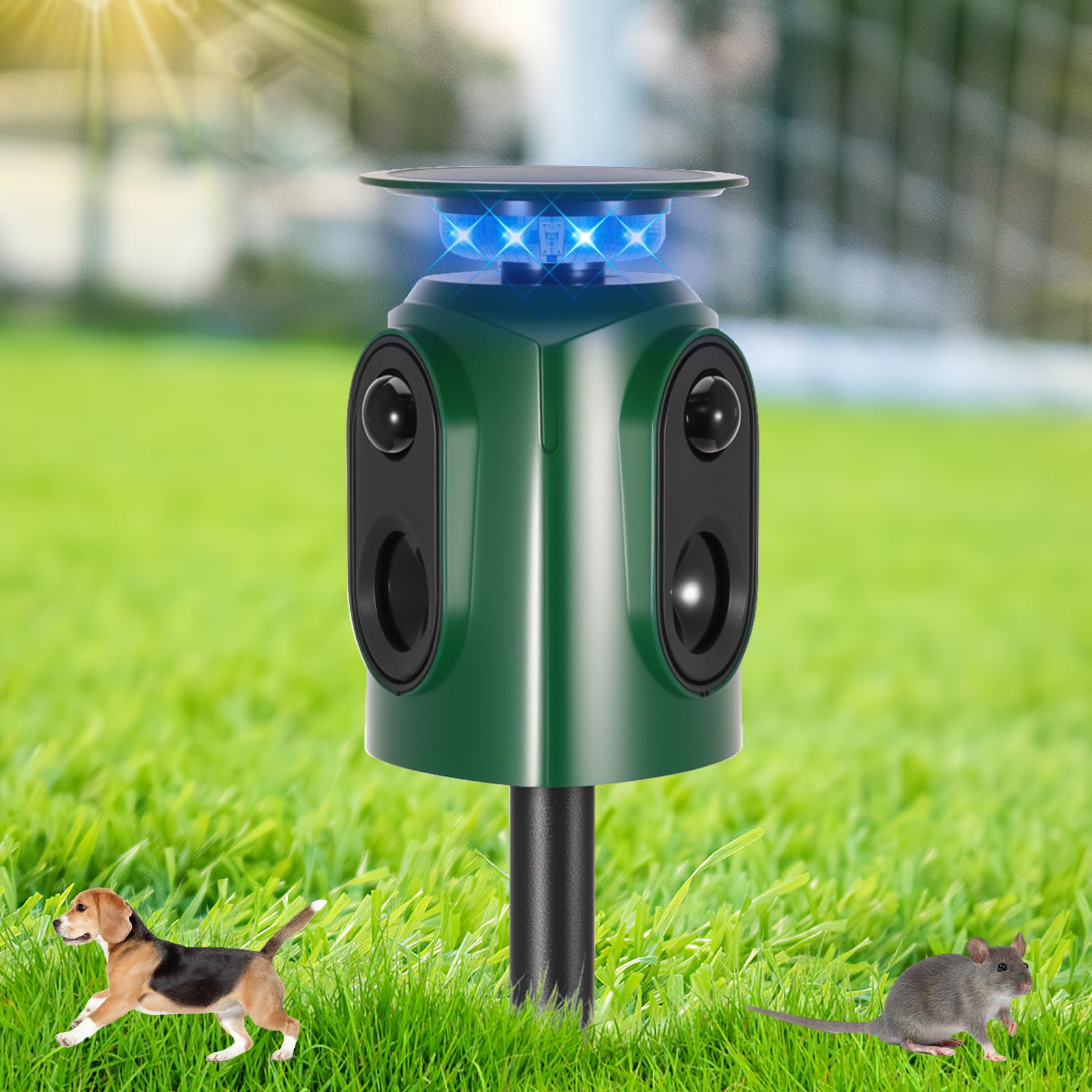 Cat Repellent for Gardens, 360° Solar Ultrasonic Deterrent with PIR Sensor Detection, USB Charging, Cat Scarer Waterproof Animal Repellent for Cat Birds Pigeons for Garden Yard (PEL-25-OC)