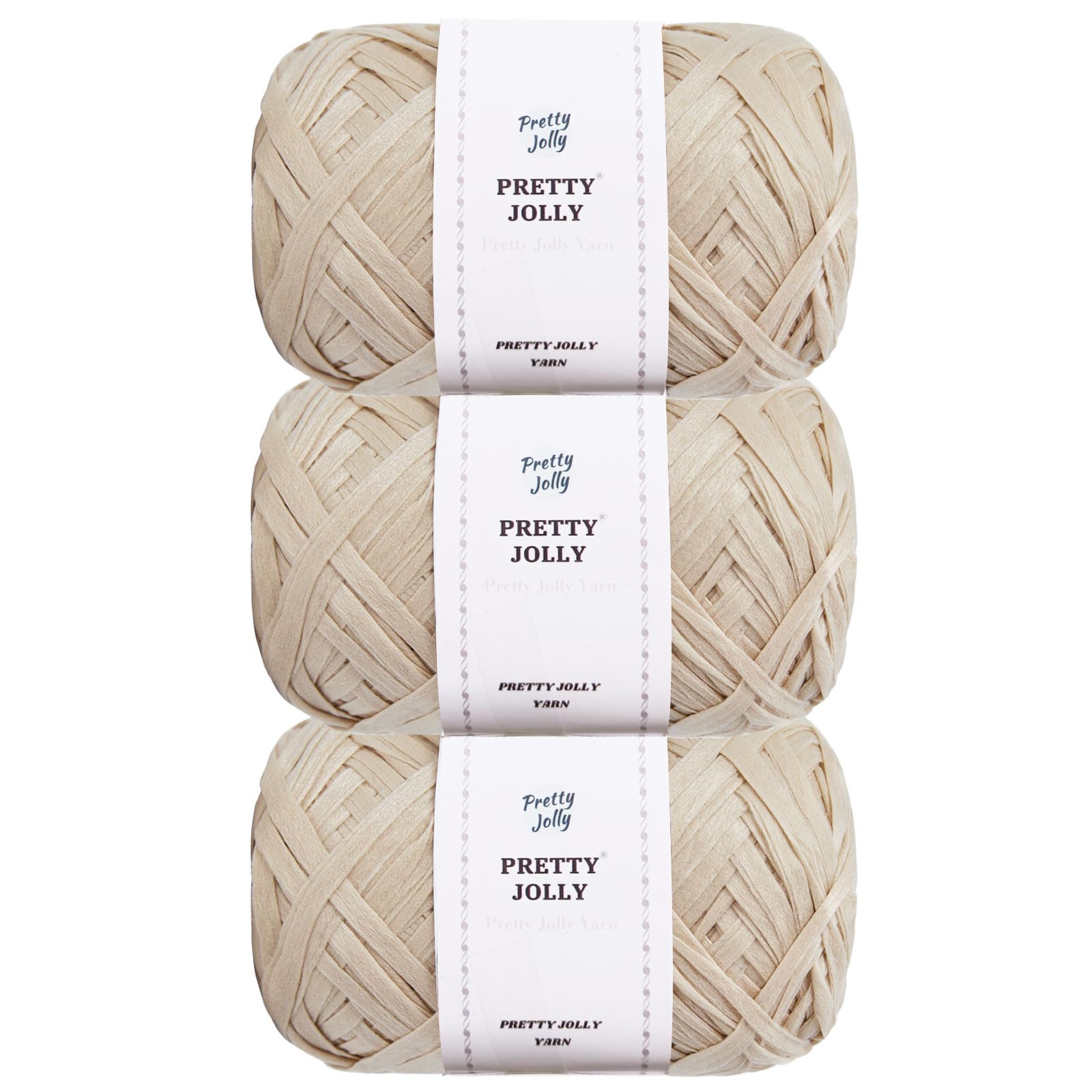 Pretty Jolly 3 Skeins Soft Tape Yarn Ribbon for Knitting & Crocheting - Light Weight Raffia Yarn - Total Length 3x100m/3x50g (Beige)