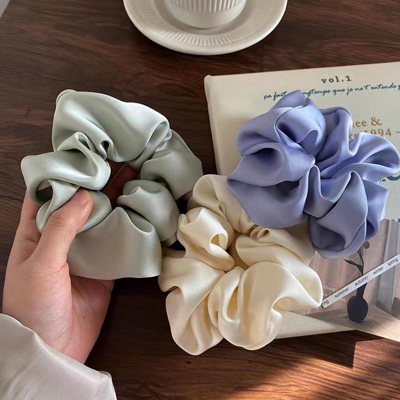 OWITER 5 pcs Large Satin Scrunchies for Women,oversized scrunchies for women,large scrunchies for giant scrunchie (1 white 4 sage) - Image 4
