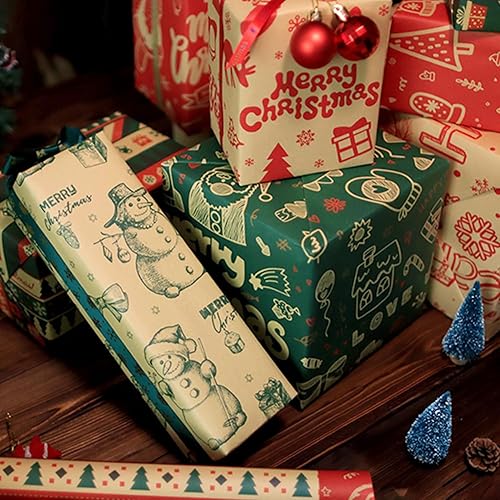 Miniatura 5 de Hojas de papel de regalo de Navidad, juego de 8 hojas de papel de regalo de Navidad reciclado, papel kraft de estraza rojo, verde y marrón con