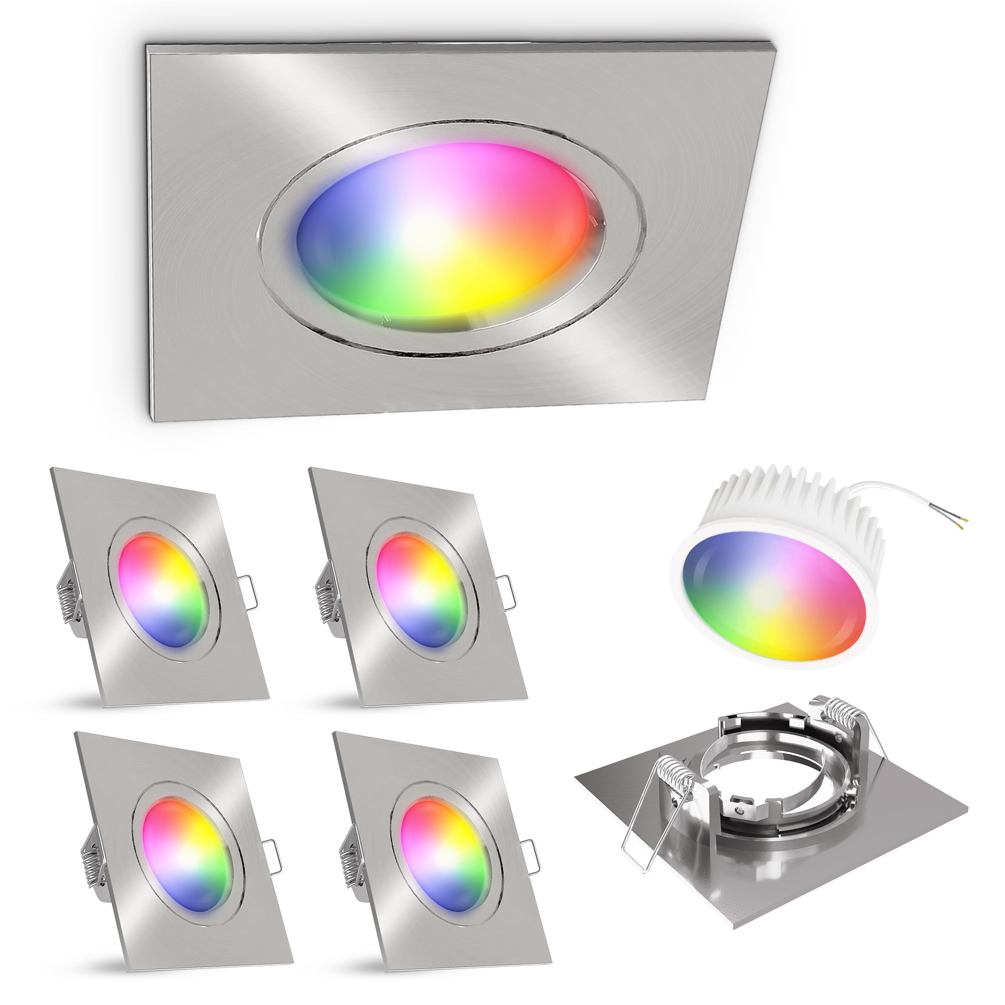 linovum Einbauspot 4er Set silber eckig Smart LED WLAN RGBW App flach 36mm | Vier smarte Einbauspots eckig Alu gebürstet - per App & Alexa steuerbar, RGB & Weißtöne, tauschbar, für Wohnräume