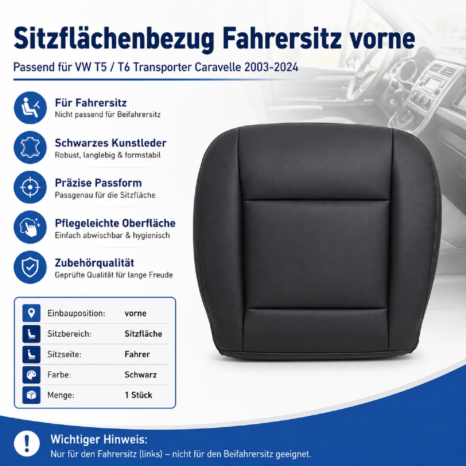 Coprisedile per conducente, compatibile con VW T5 T6 Transporter 2003-2024