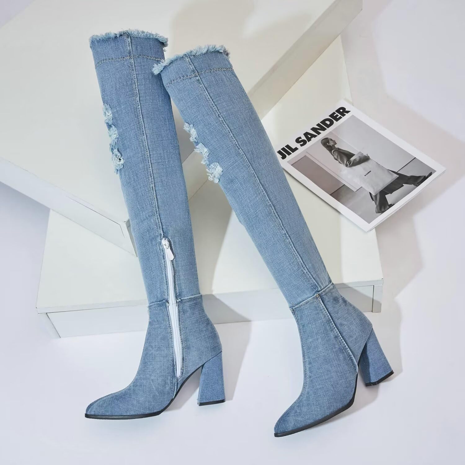 Agodor Women's Denim Thigh High Boots Cutout Over The Knee Blue Jean Boots