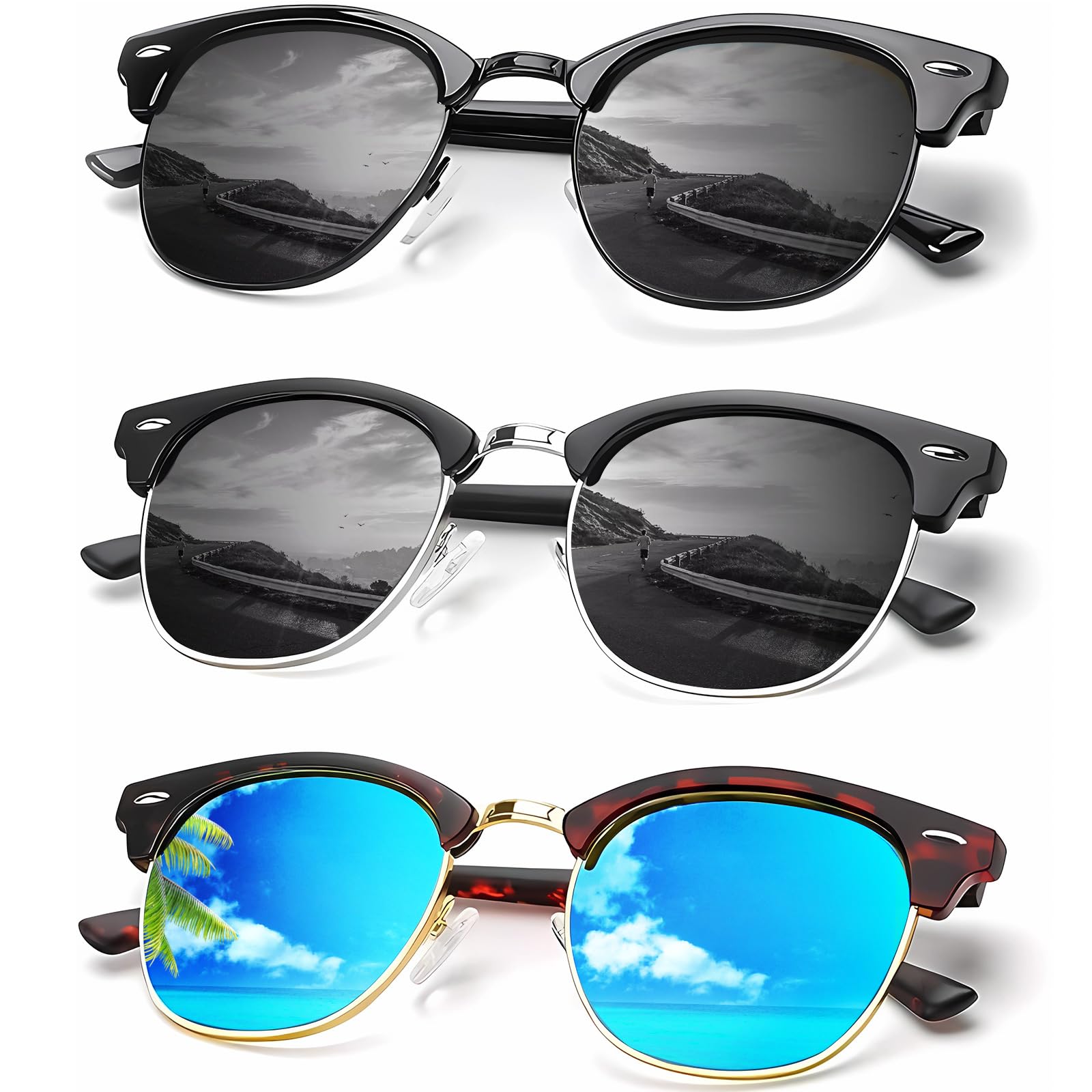 KALIYADI Sunglasses Men Polarized Sunglasses for Men Women Unisex Semi-Rimless Frame Retro Driving Sun Glasses UV Blocking