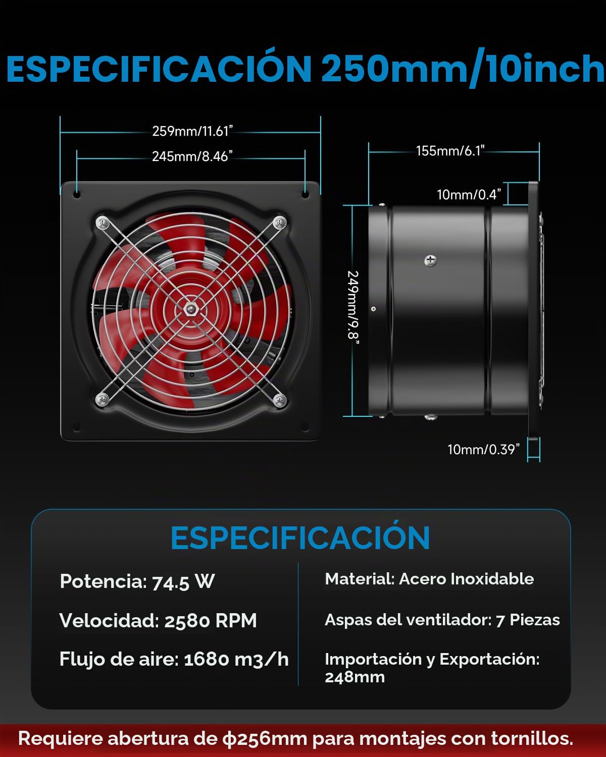 Hon&Guan 250mm Ventiladores de Extracción 1680m³/h con Interruptor | acero Inoxidable, Válvula antirretorno, enchufe UE con interruptor. Apto baño, garaje, taller, ático, almacén