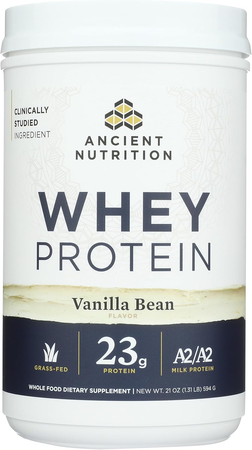 Ancient Nutrition Grass Fed Whey Protein, Vanilla Bean, 23g Protein, 20 Servings, Hydrolyzed Collagen Peptides, Organic Regenerative A2/A2 Milk Protein