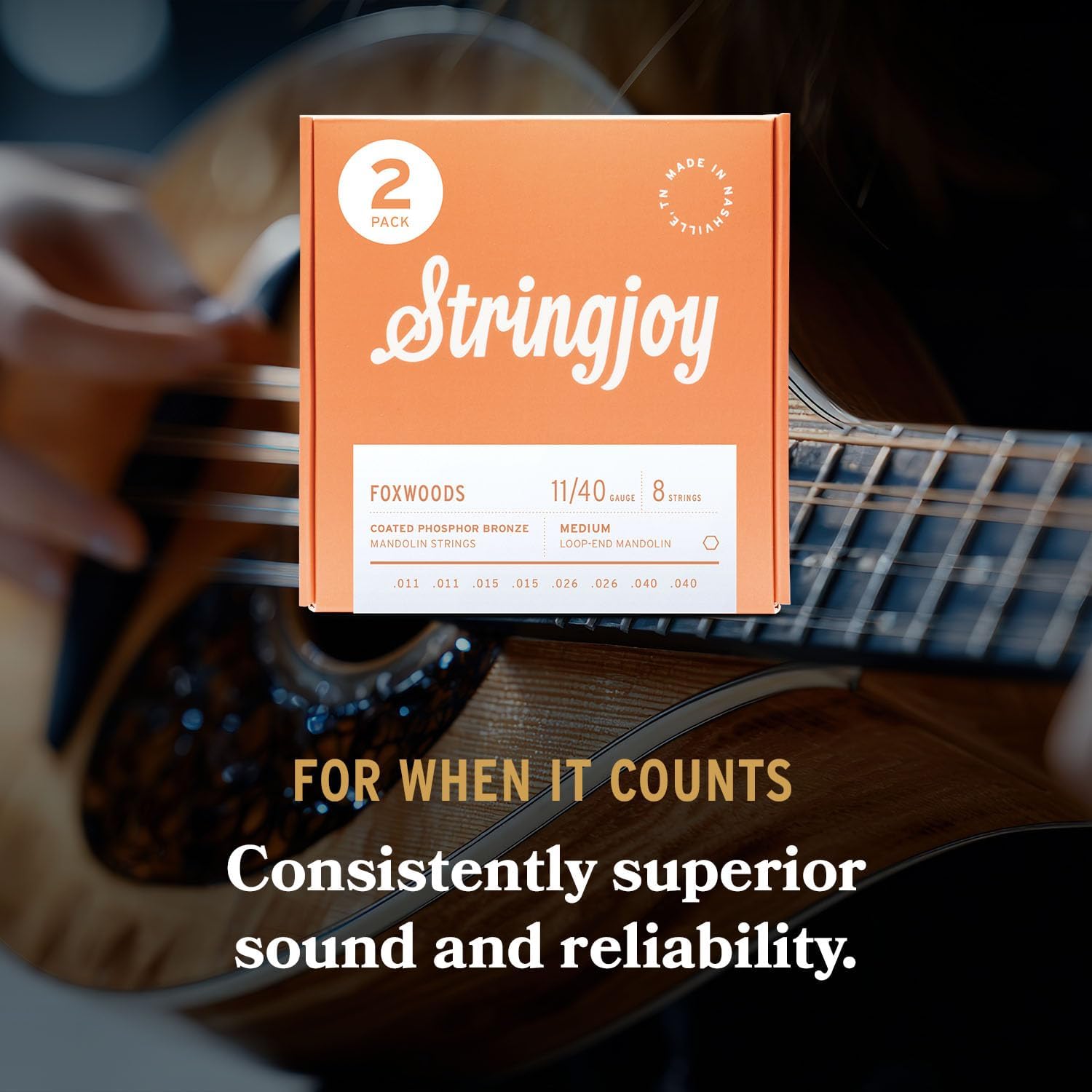 Stringjoy Foxwoods 11-40 Balanced Light Medium Coated Mandolin Strings – Coated Phosphor Bronze Mandolin Strings - Long-Lasting, Rich and Balanced Loop-End Strings, 8 String Set, 2-Pack