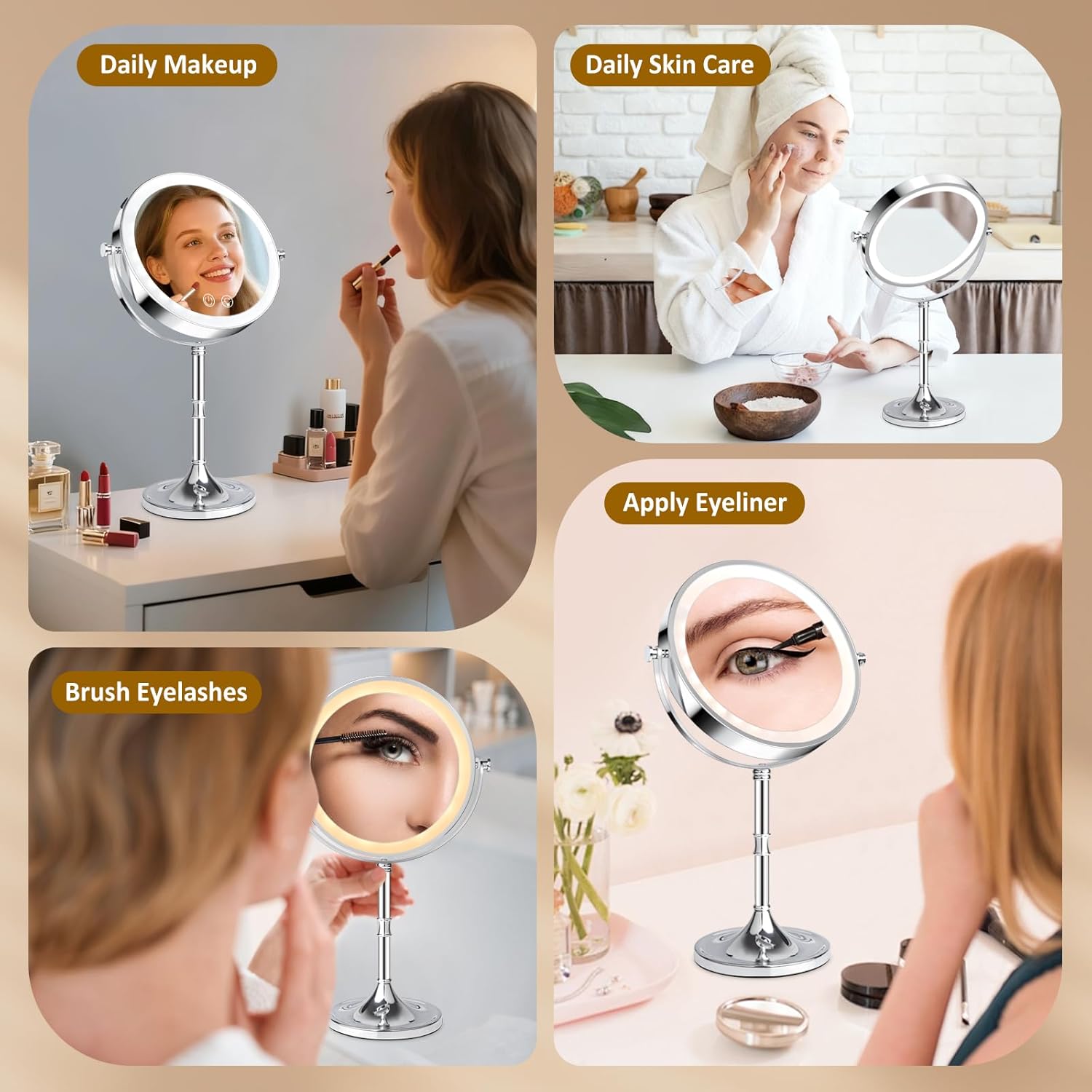 Vanity Mirror with Lights,4000mAh Rechargeable Double Sided Magnifying Mirror with 3 Colors Adjustable,1x/10x Lighted Makeup Mirror,360°Rotation Touch Screen with Memory Function,Women Gift