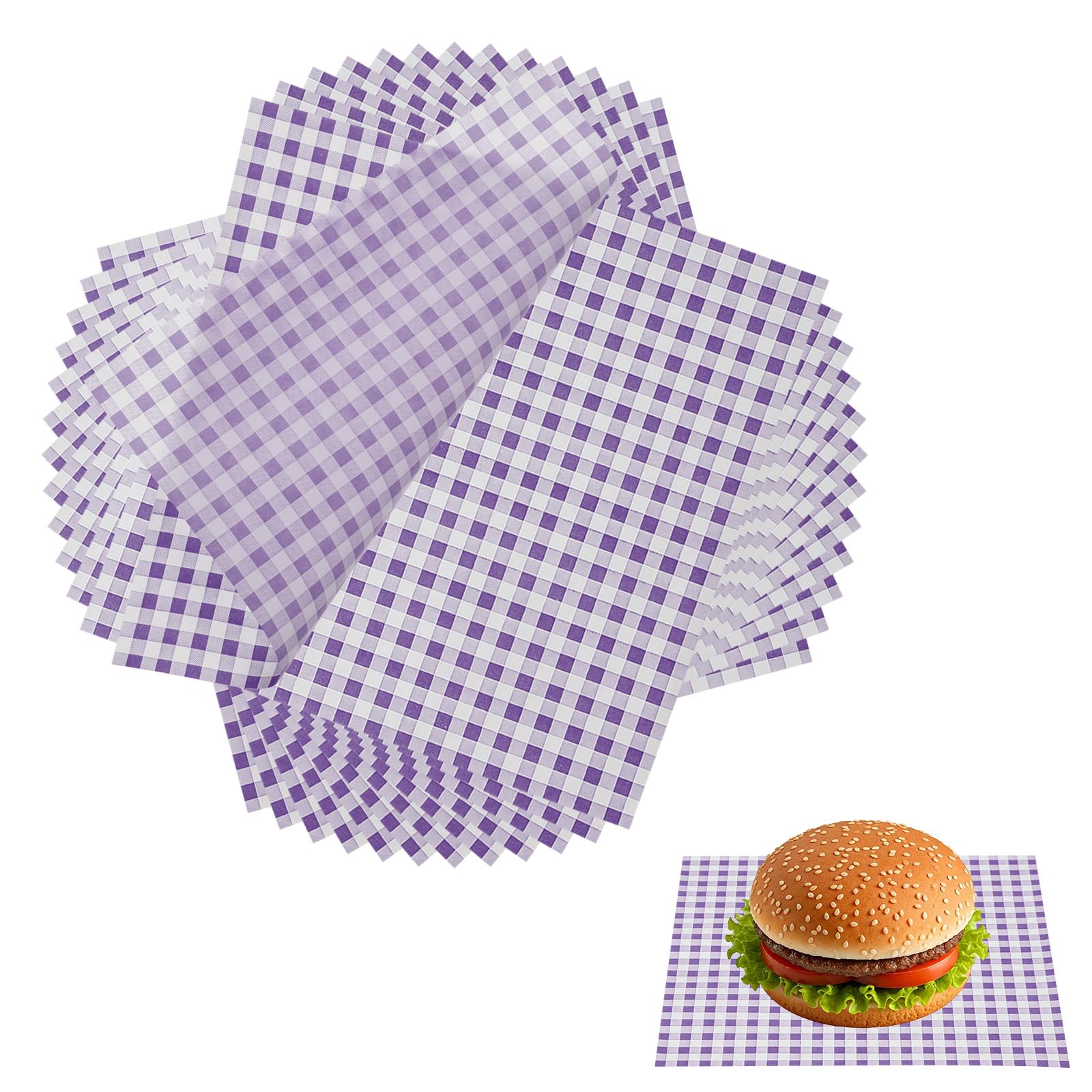 sourcing map 100 Pcs Wax Paper Sheets for Food, 8.7 x 8.7 Inch Greaseproof Wrapping Paper Sheets, Checkered Square Food Basket Liners for Sandwich Hamburger Bread, Purple