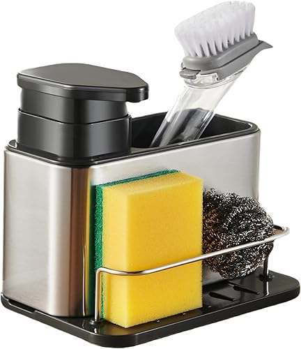 Miniatura 7 de Dispensador de jabón para fregadero de cocina y baño, soporte de esponja 3 en 1 para cocina, organizador de dispensador de jabón para platos,