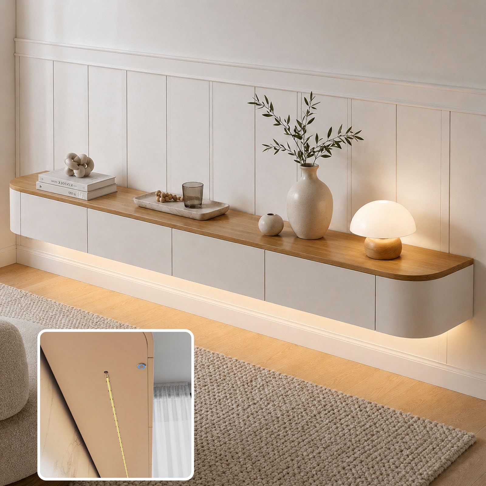 Mobile TV Sospeso Moderna Consolle Multimediale Da Parete Con Cassetti E Ante Ribaltabili, Mobile Porta TV Sospeso Con Passacavi Nascosti Per Salotto Camera Ingresso Studio(Wooden white,94.5in/2.4m)