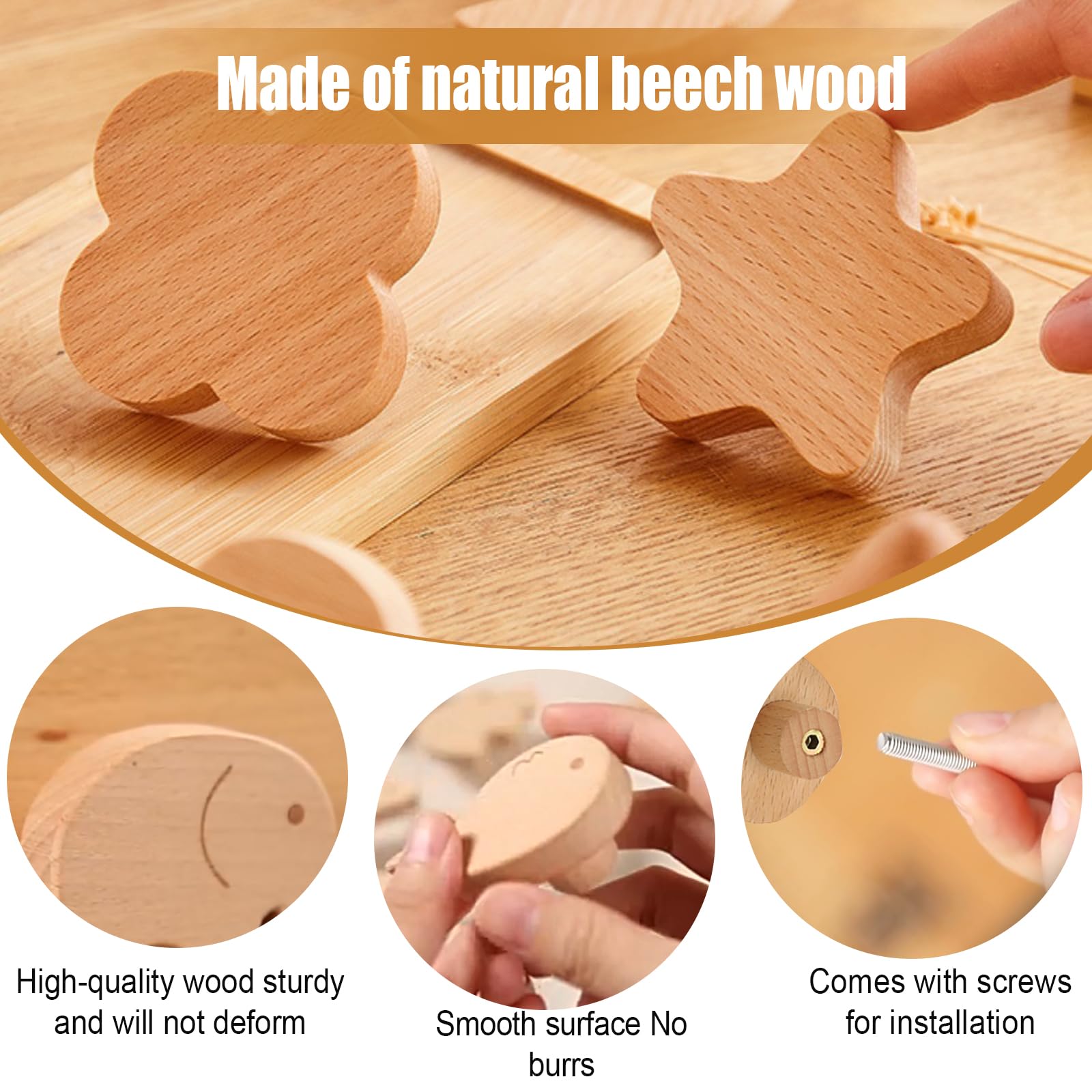 Perillas decorativas de madera con diseño de animales, pomos decorativos de madera para cajón, con tornillos M4 x 30 mm para armarios, cajones y muebles (20 unidades)