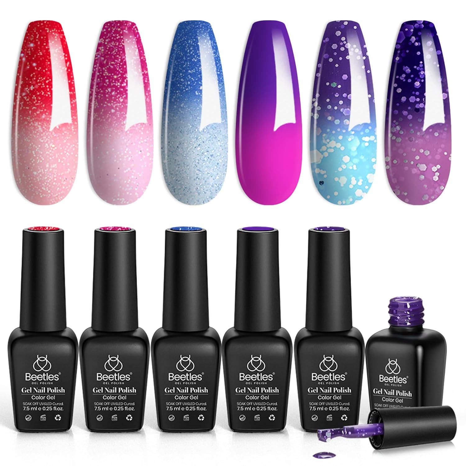 Beetles Color Changing Gel Nail Polish Kit 6 Colors Pink Red Glitter Blue Purple Mood Temperature Change Nail