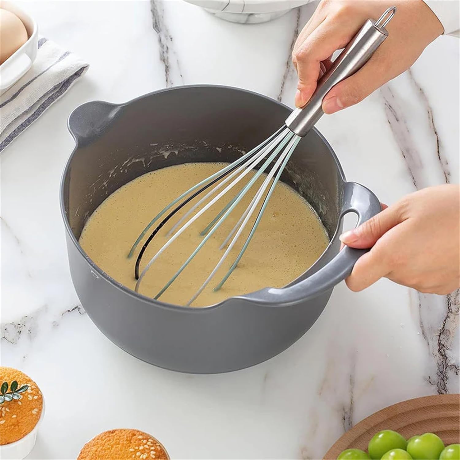 4 Piece Nesting Plastic Mixing Bowl Set, Plastic Mixing Bowl Set of Four with Handles and Pouring Spouts, Stackable. (Light green)