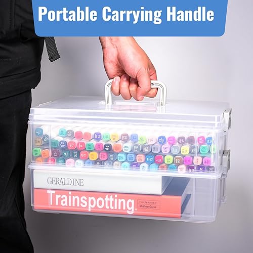 Miniatura 5 de AZAZA Caja de almacenamiento de plástico de 2 capas con tapa y asa, caja de archivos transparente portátil para organizar fotos, papel A4,