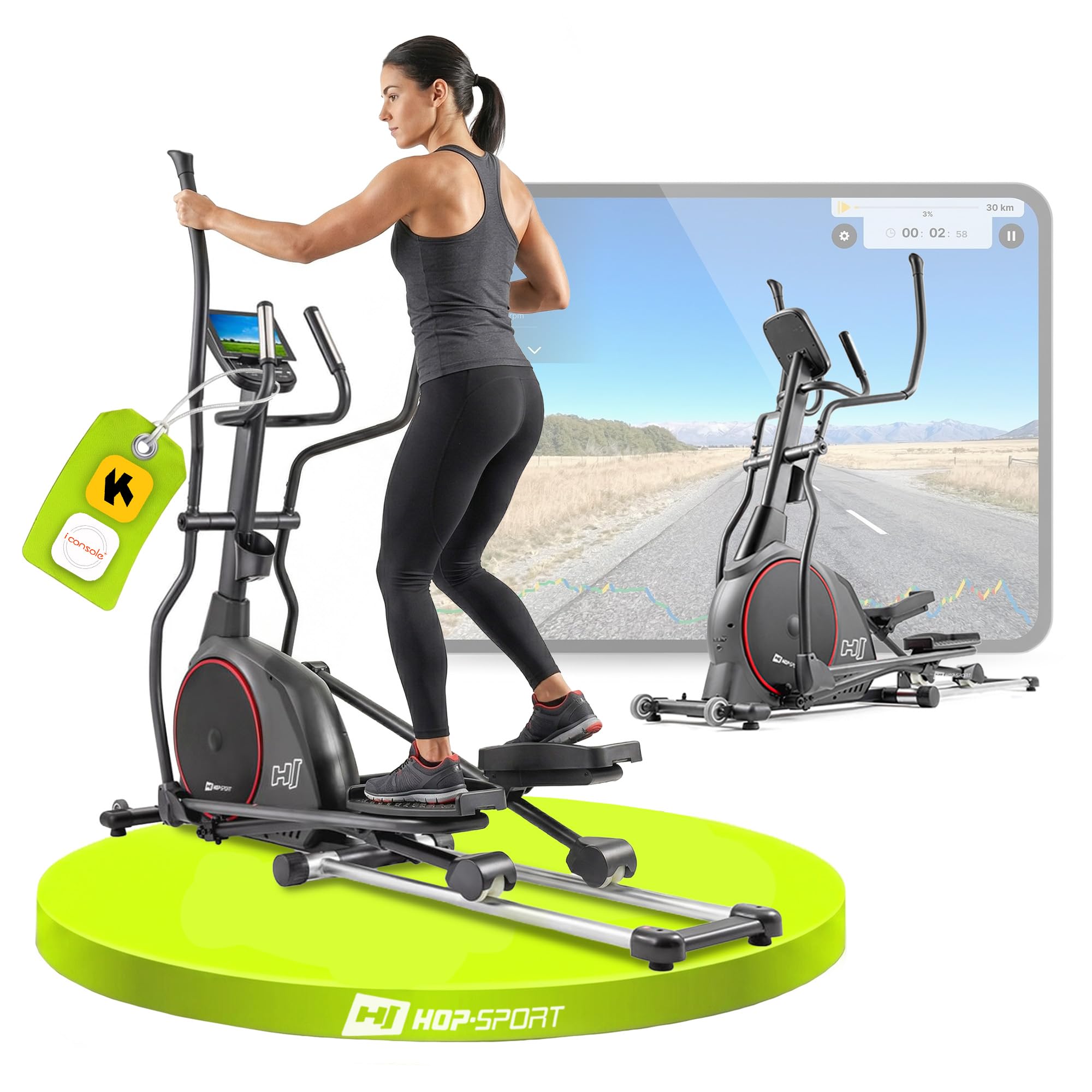 HOP-​Sport® Vélo elliptique d'appartement Pliable HS-​095CF Prizm, Roue d'inertie 30 kg, Résistance électromagnétique 32 Niveaux, iConsole+ Training, Poids Max. d'utilisateur 135 kg, Gris