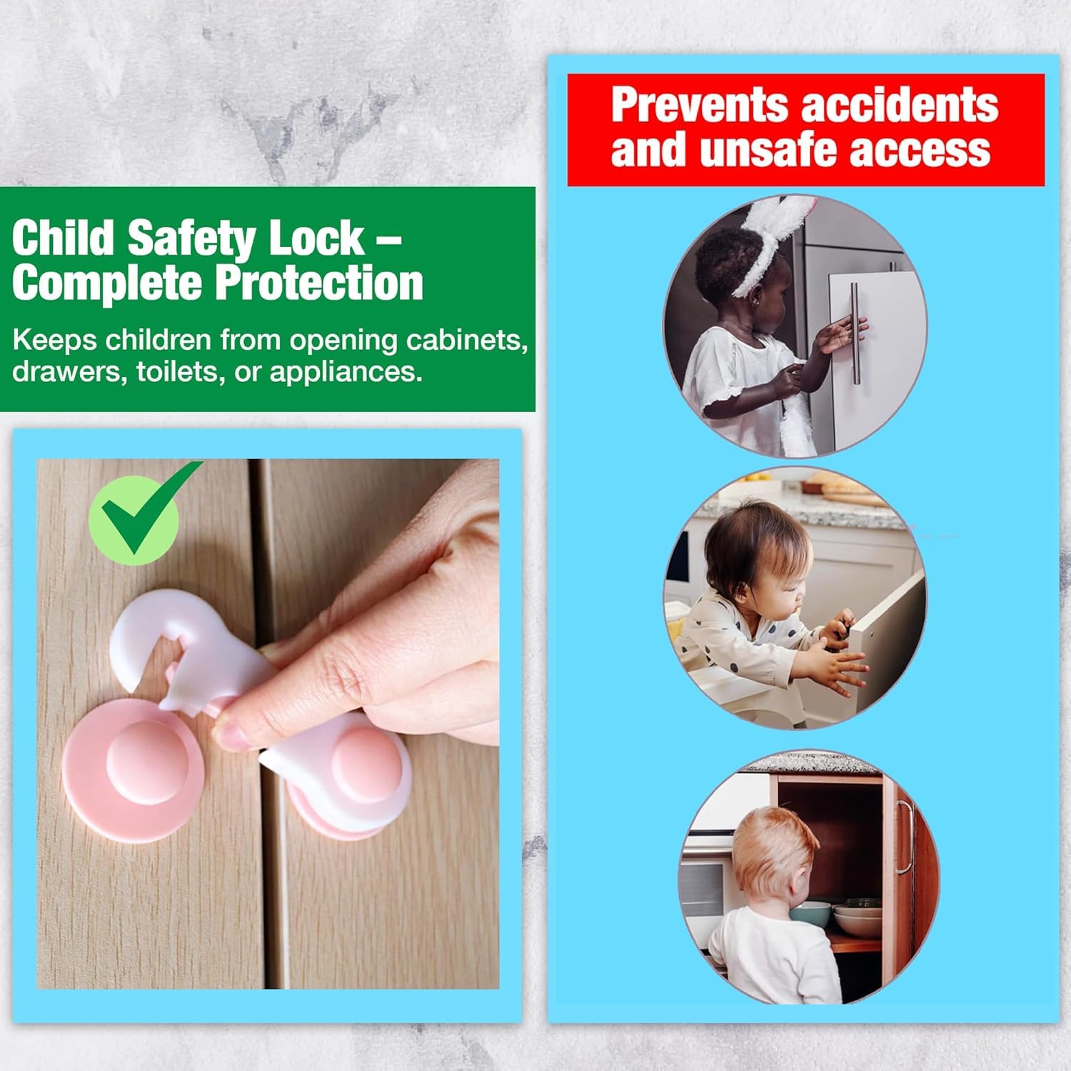Safe-O-Kid Baby Safety Combo Child Safety Locks | Baby Proofing Cabinet, Drawer, Fridge & Cupboard Locks | 5 Smiley End Locks + 5 Nylon Safety Locks with Strong 3M Adhesive 3