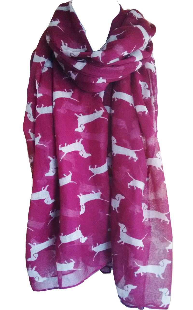 Dachshund Print Scarf, Mini Sausage Dogs, Animal Womens Ladies Long Big Puppies GlamLondon Wrap (Maroon -P01D)(Size:L)