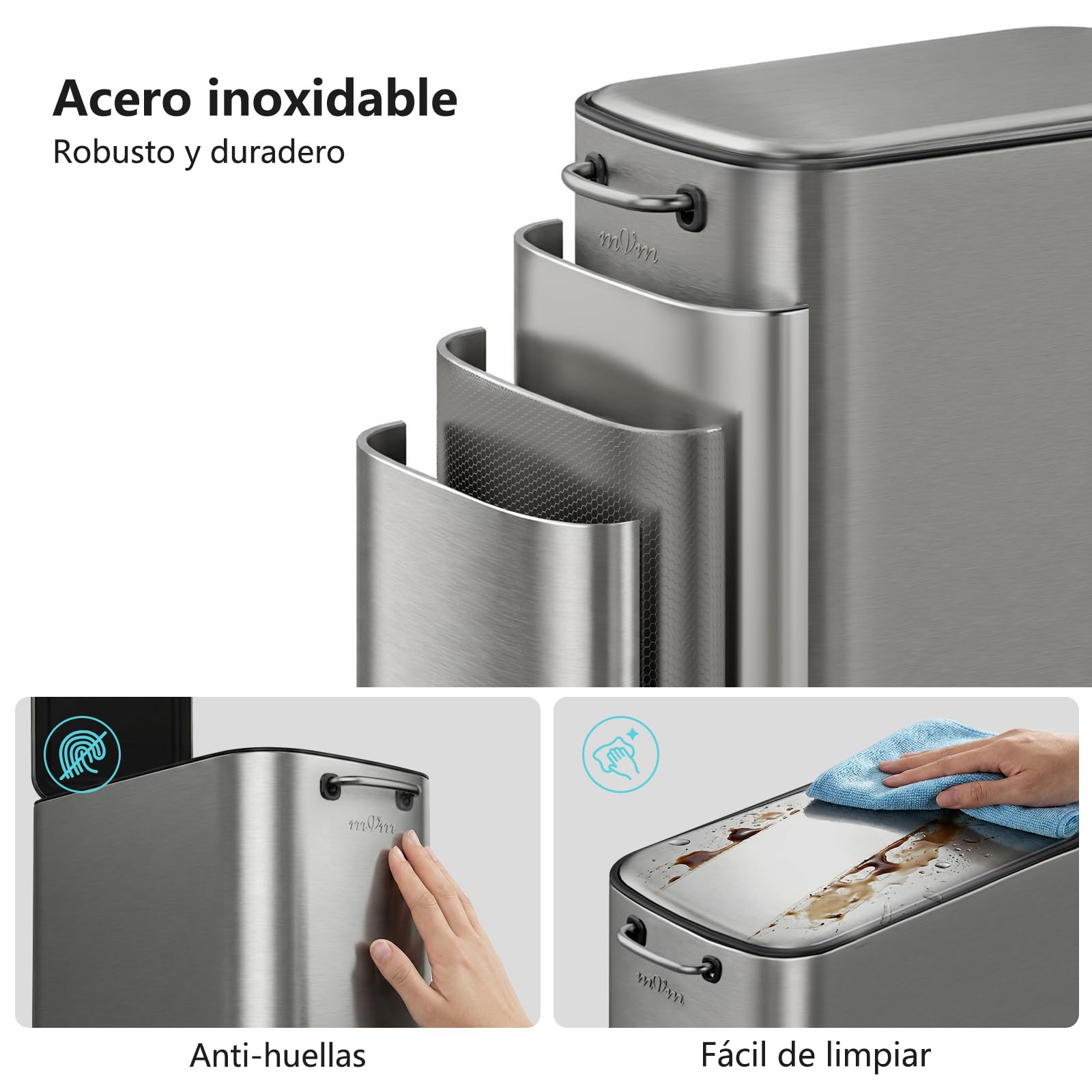 mVm Cubo de Basura Baño 9L con Apertura a Presión, Cubo Interior Extraíble, Papelera Slim de Acero Inoxidable para Baño Moderno