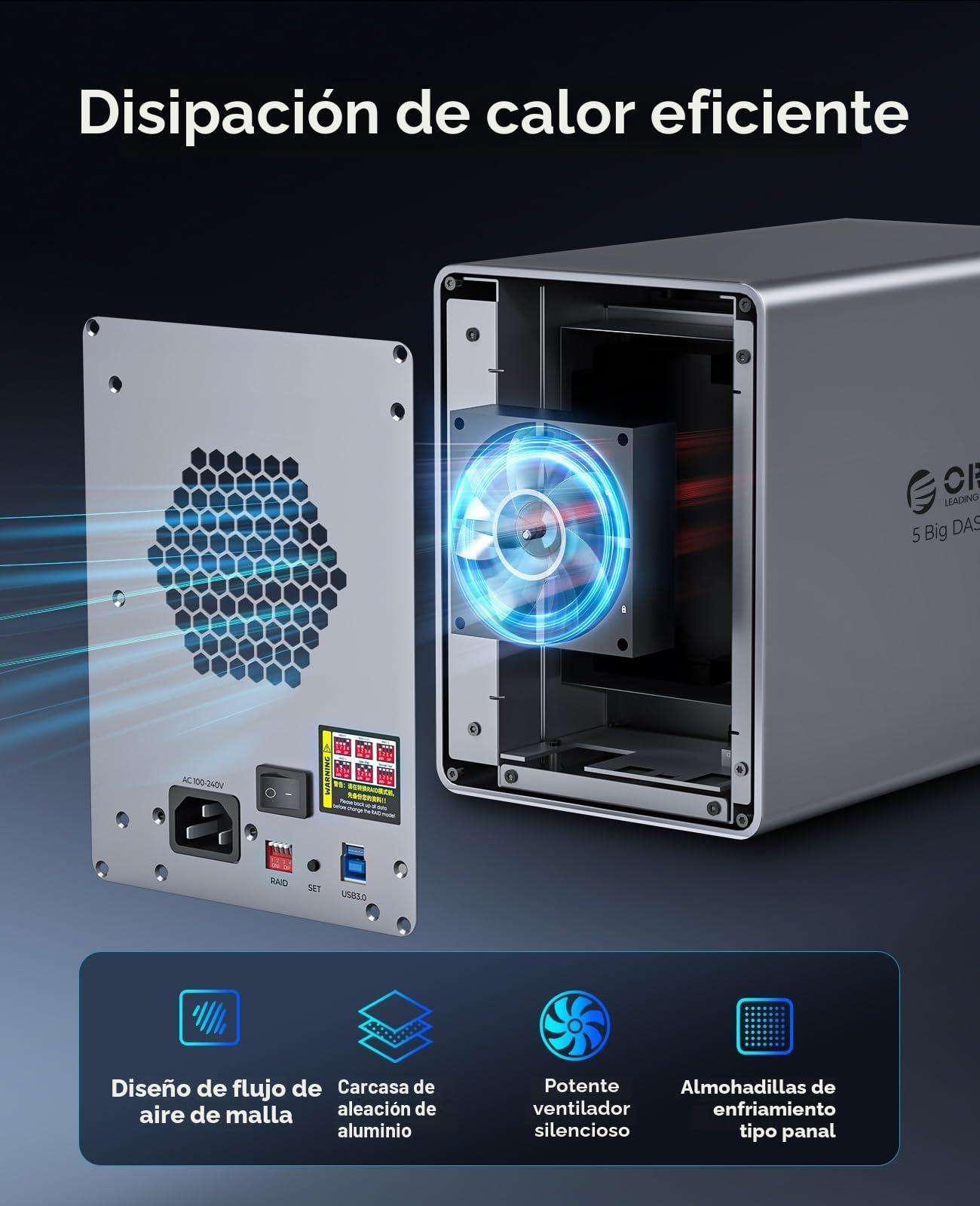ORICO Caja de Aluminio Raid para 5 Discos Duros de 3,5 Pulgadas hasta 5X 22TB, Fuente de Alimentación de 150W Integrada, con Ventilador, Soporta Raid 0/1/5/10 (9858RU3)