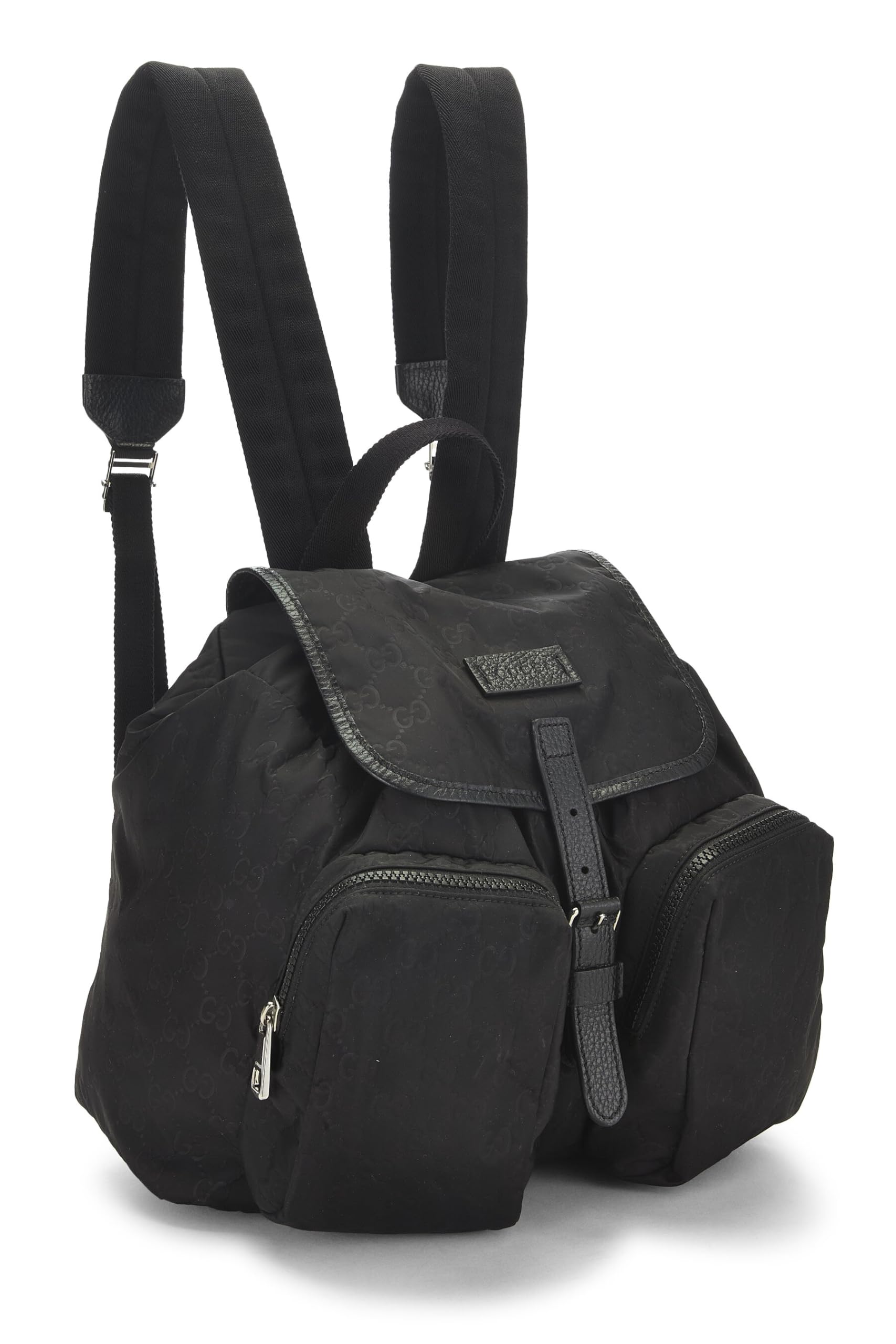 Gucci, Pre-Loved Black Nylon Double Pocket Backpack, Black