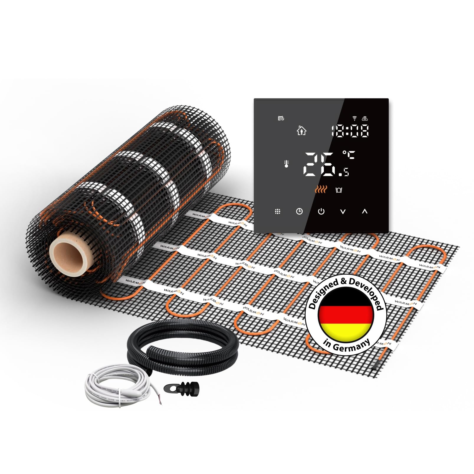 Elektryczne ogrzewanie podłogowe do płytek: mata grzewcza WARMON CLASSIC 150 W/m² z termostatem Smart WiFi Series TS 300, termostat: TS 300 WiFi, czarny, rozmiar maty: 20 m² – 2 szt. (12 + 8 m²)