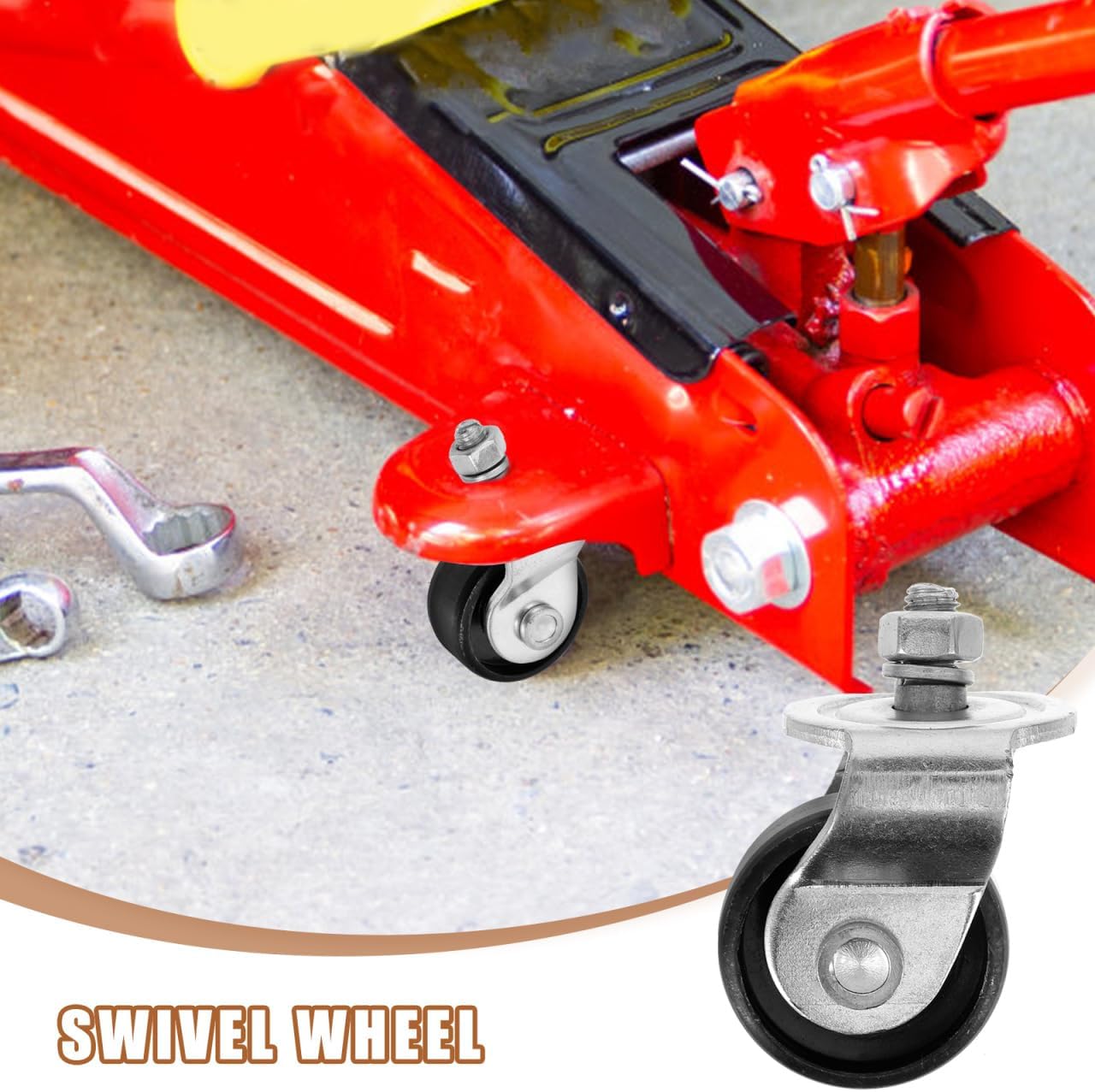 A HOMSFOU swivel wheel installed on a red floor jack, demonstrating its integration and function.