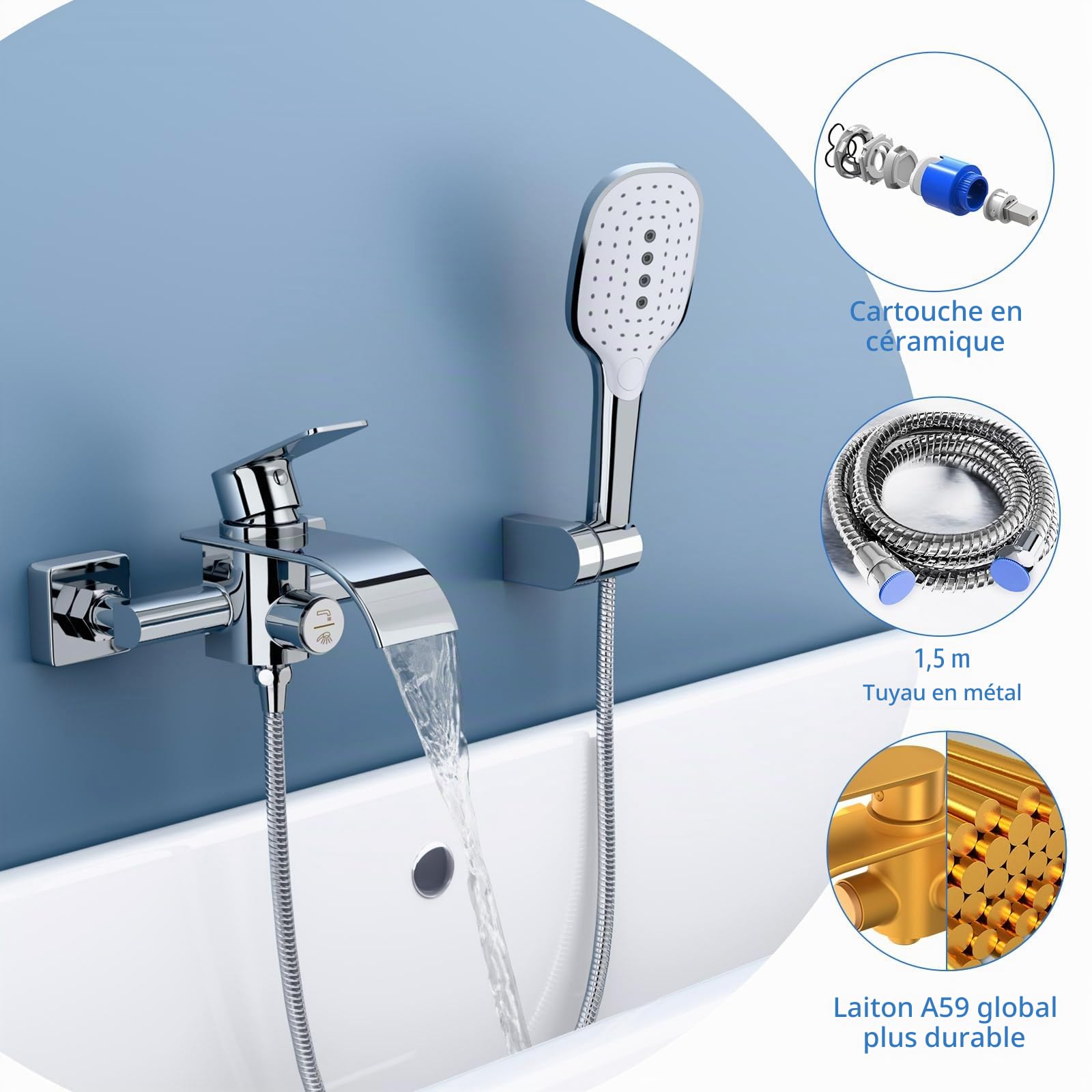 Robinet de Baignoire avec Douchette, Mitigeur en Laiton | Robinet Cascade, 3 Fonctions, Bouton Poussoir, Robinet à Une Main, Robinet de Baignoire pour Salle de Bain
