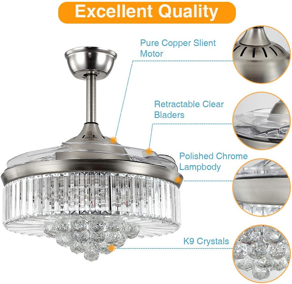 Crazy Deals Crystal Chandelier Ceiling Fan with LED Light and Remote Control, 42 Modern Retractable Blade Ceiling Fans Light, 3 Lights Color and 6 Speeds, Perfect for Indoor, Living Room, Bedroom (Crystal Silver)…