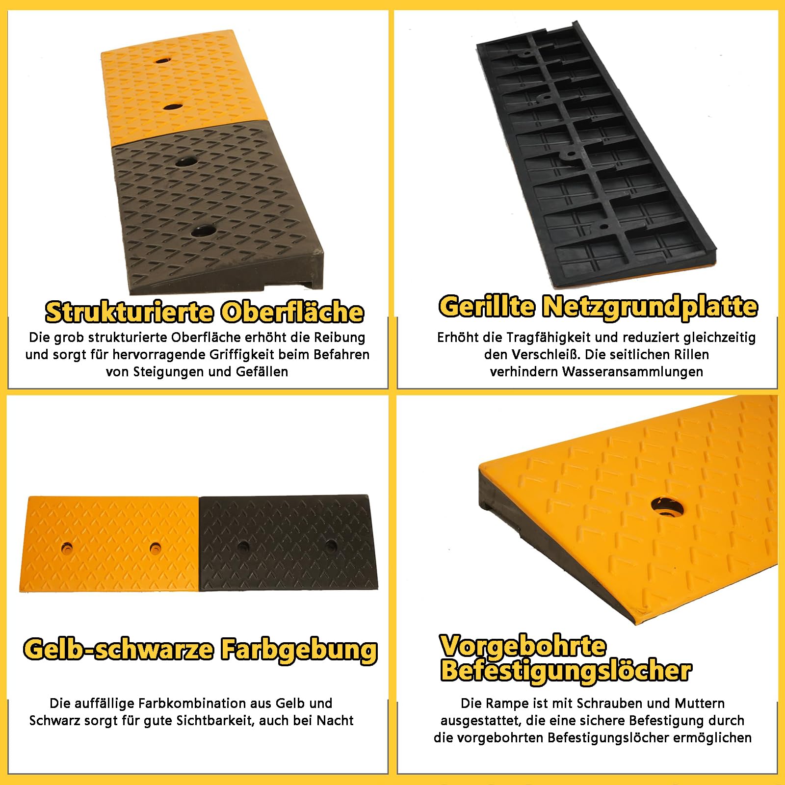 2 Stück Bordsteinrampe Auffahrtrampe 5cm hoch Randstein Rampe Bordsteinkantenrampe Gummi mit 4 Spreizschrauben Schwarz Dämpfungsrampen für Rollstühle, Autos und Motorräder 100 x 25 x 5 cm