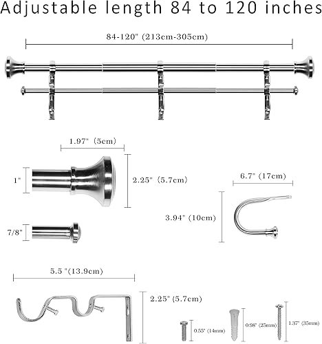 Miniatura 3 de eTeckram Barra de cortina doble de 1 pulgada con remates de trompeta (níquel arena) (+ soportes), 84 a 120 pulgadas)