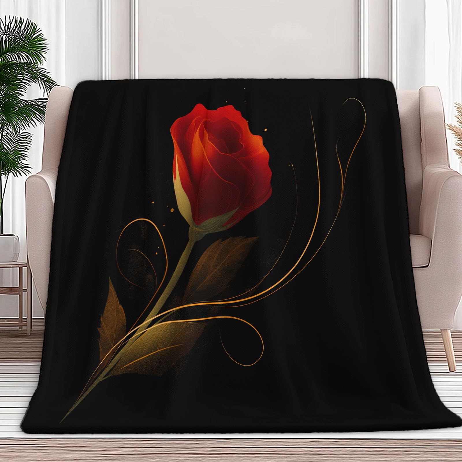 Genérico Manta con Estampado Exquisito Flores Rosa Roja, Manta Negro de Franela para Sofá Cama Extra Cálido Sobrecama 220 x 240 cm — Caliente Transpirable para Otoño e Invierno
