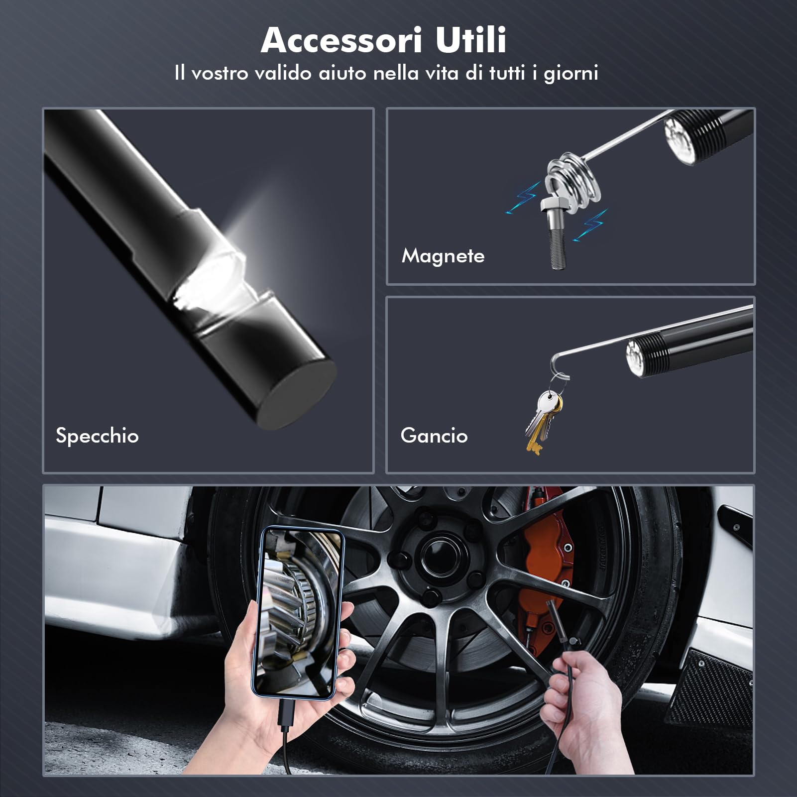 Endoscopio per Smartphone, Endoscopio con 10M Cavo Semirigido, IP67 Impermeabile, Tipo C, 6 Luci LED, Senza WiFi, per Android, Tablet e PC Windows