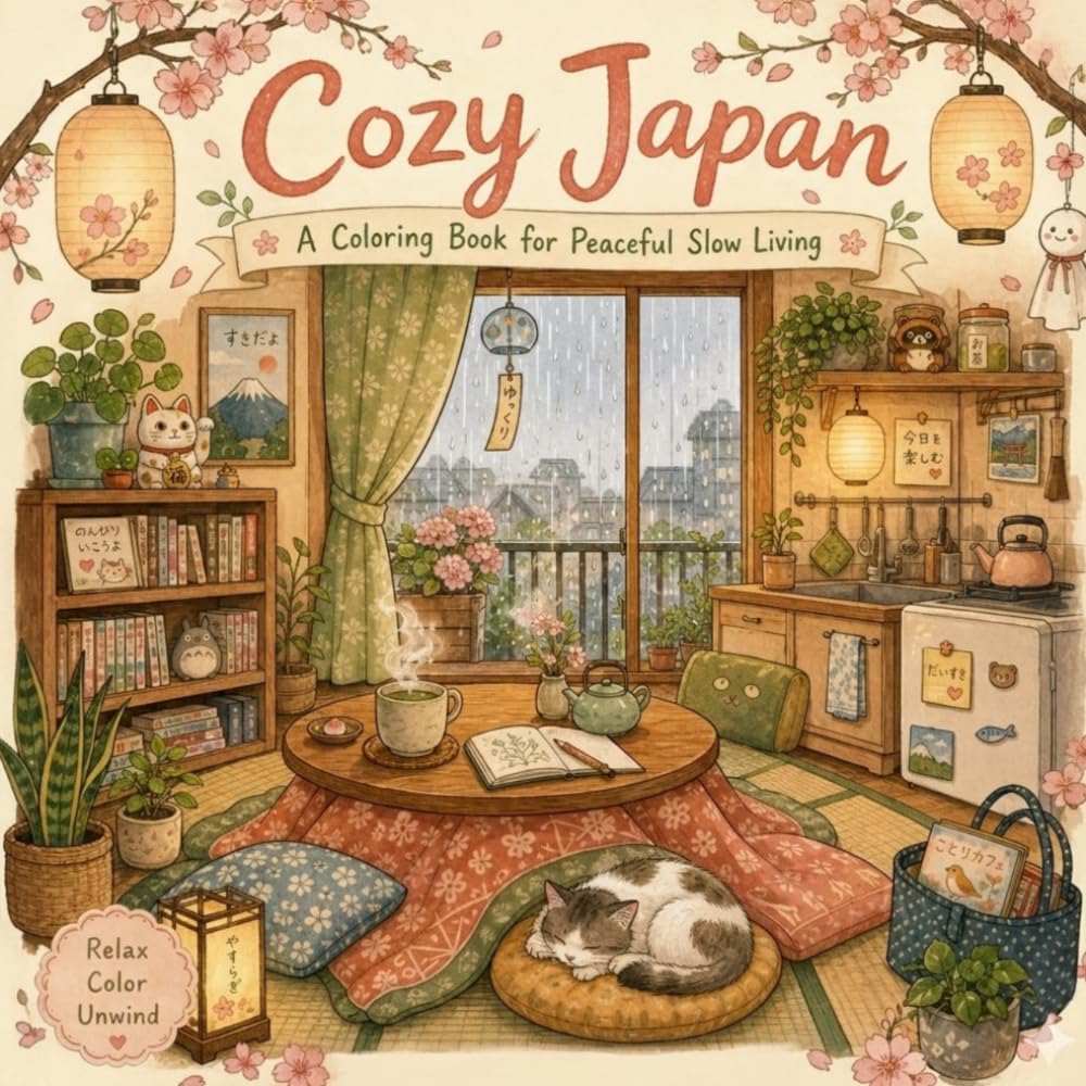 A Cute Japanese-Inspired Coloring Book Featuring Peaceful Spaces, Slow Living Scenes, Tea Corners, Tiny Apartments, and Relaxing Daily Life: A Cozy Japanese-Inspired Coloring Book for Kids & Adults