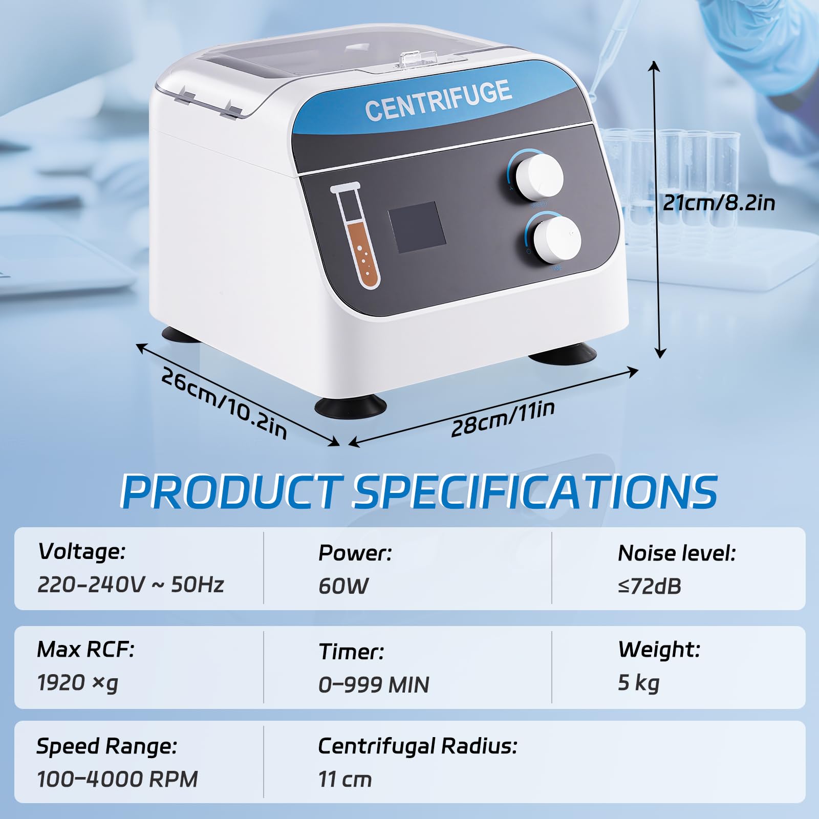 YUCHENGTECH Centrifugadora de Laboratorio 6X20ml Centrifugadora Plasma para tubos de 5/7/10 ml 4000rpm 0-99min 1920 xg Pantalla Digital Centrifugadoras para Educación, Biología, Medicina, Química
