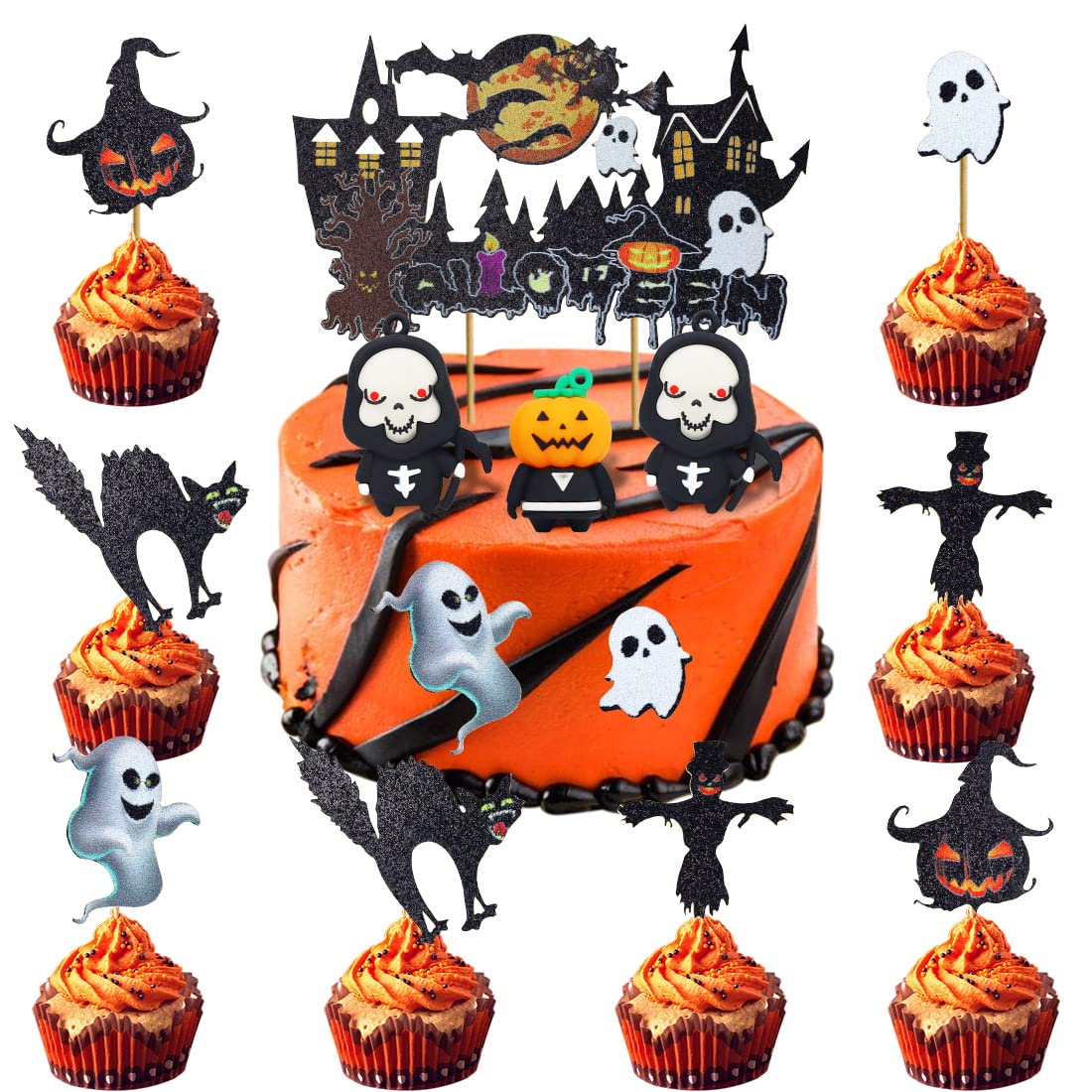 Halloween-Kuchenaufsatz Set | Gruselige Deko Mit Totenkopf, Kürbis & Grab | Für Mottoparty & Geburtstag