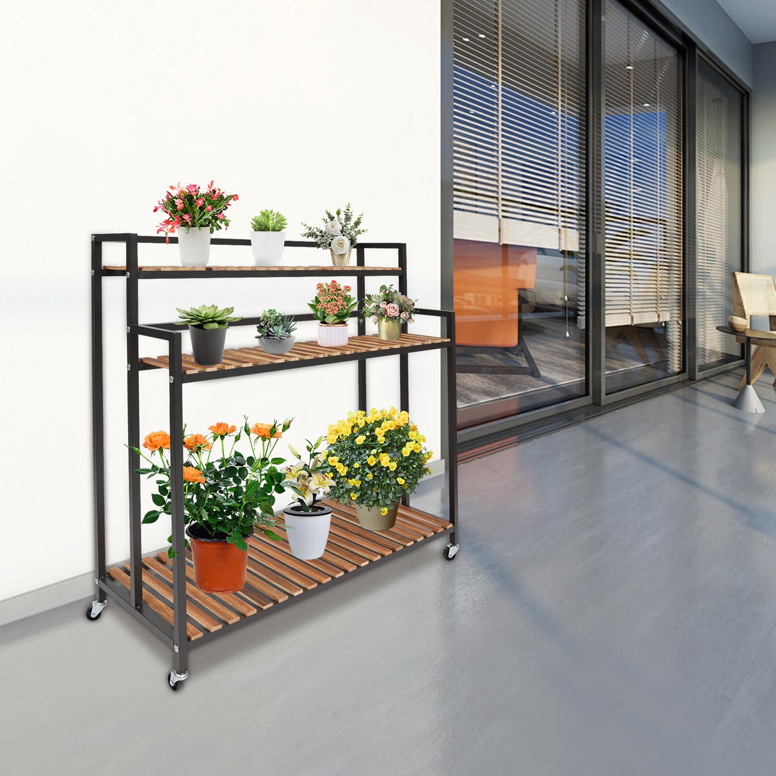 3-Stufige Blumentreppe, Blumenregal mit Rädern, Pflanzentreppe aus Edelstahl und Kiefernholz Platten, Bewegliches Blumenständer Pflanzenständer für Outdoor Indoor, 100x40x102 cm (Schwarz)