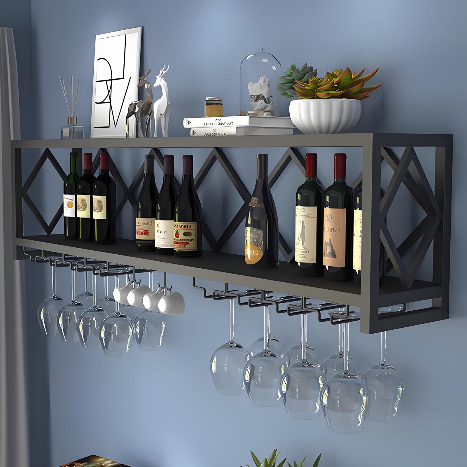 Étagère à vin murale en métal et support verres flottant pour salon