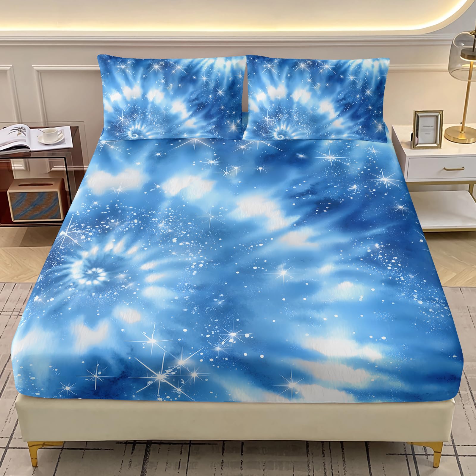 AILONEN Light Blue Tie Dye Bedding Set Full Size for Kids Teens Adults,Galaxy Starry Fitted Sheet + 2 Pillowcases,3Pcs Tie-Dye Spiral Bed Sheet Set for All Season