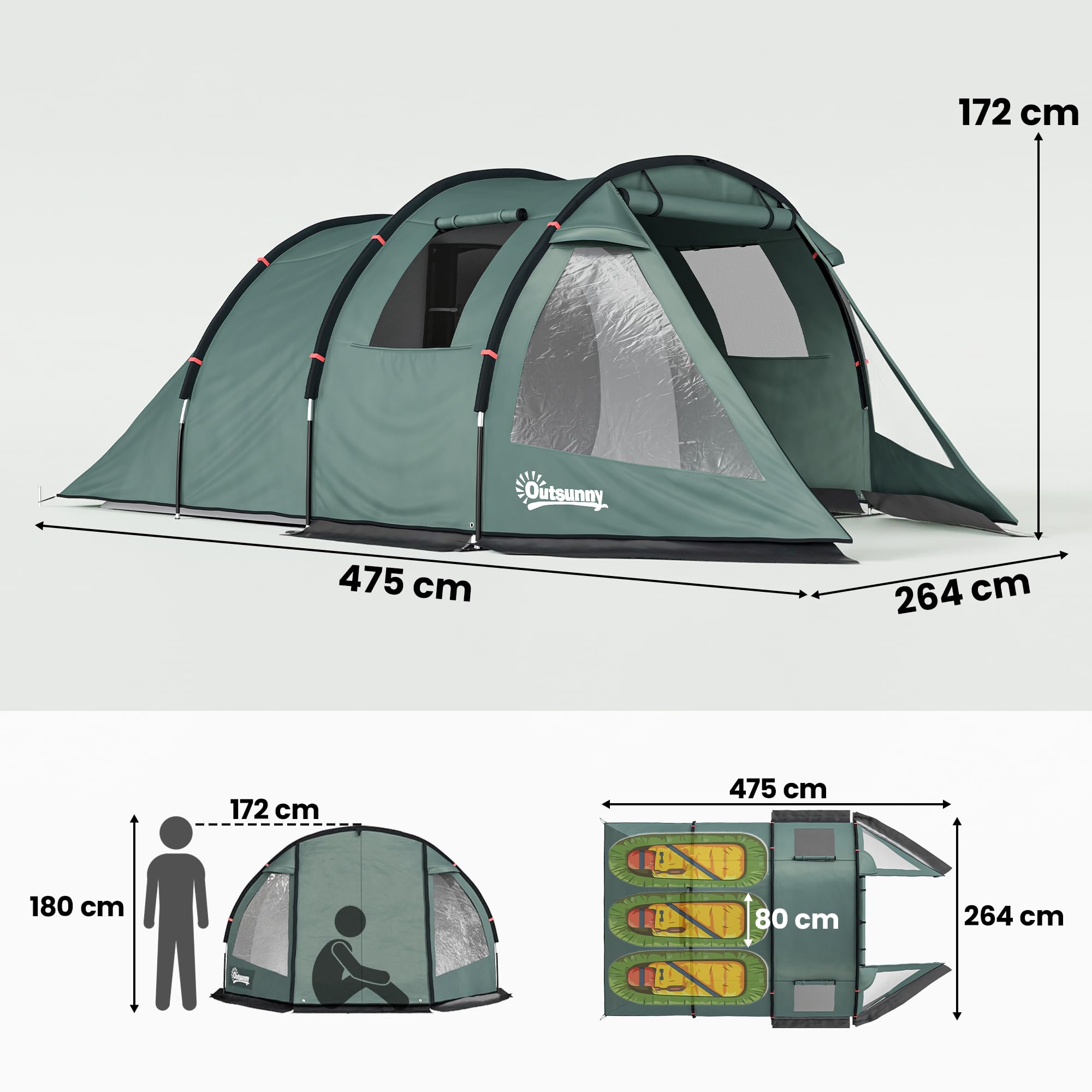 Outsunny Tienda de Campaña de Túnel Tienda Camping para 3 Personas Impermeable PU2000 mm Protección UV30+ con Ventanas y Bolsa de Transporte para Trekking Camping Playa Aventura 475x264x172 cm Verde