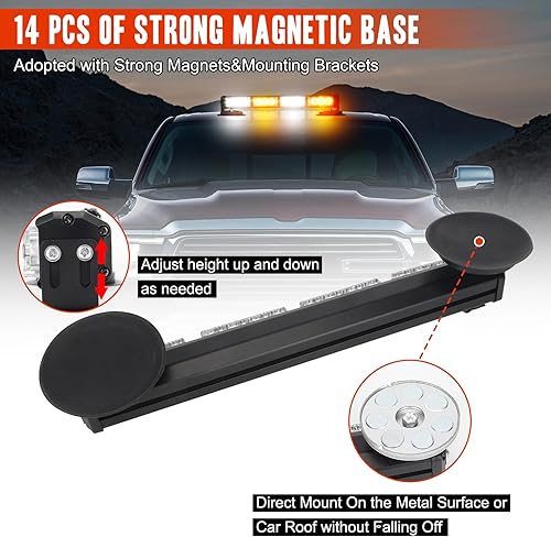 Miniatura 5 de Barra de luz estroboscópica LED inalámbrica de 14.2 pulgadas, color blanco ámbar, luces LED de advertencia de peligro de emergencia con base
