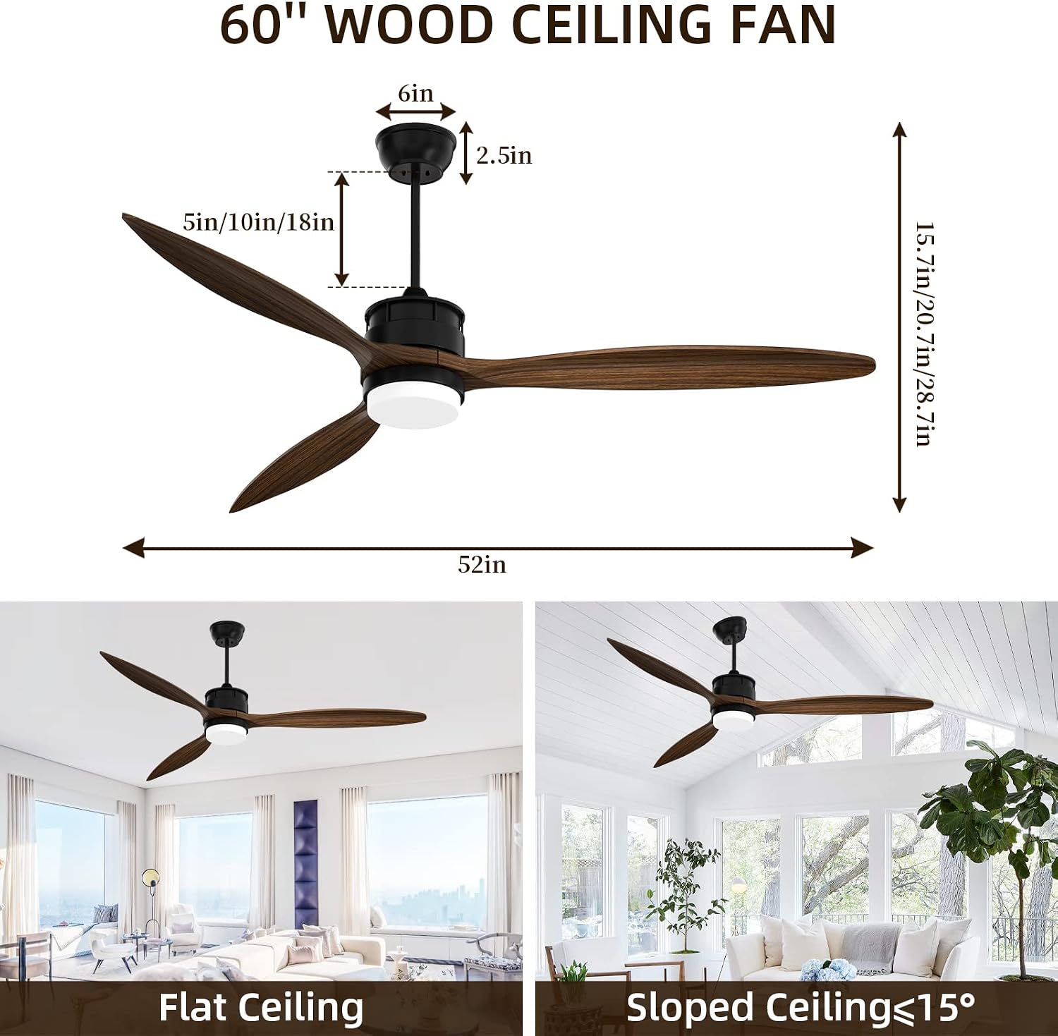 Obabala 60" Outdoor Ceiling Fan with Lights and Remote Control - 3 Wooden Blade Ceiling Fans with LED Lights - 6 Speed ​​Reversible DC Motor and Matte Black