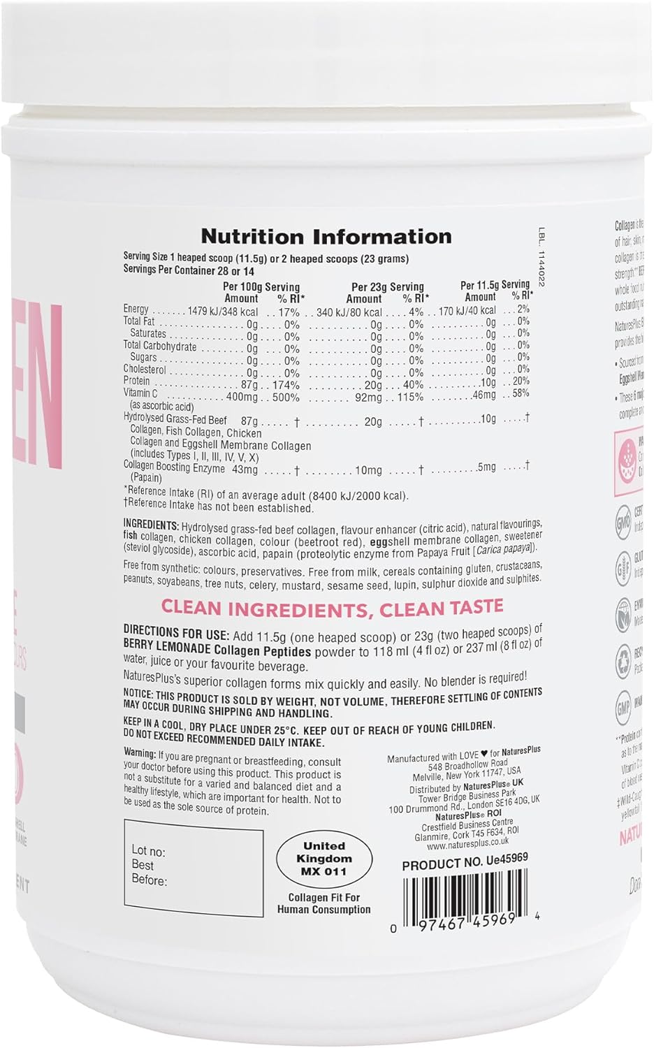 NaturesPlus Collagen Peptides, Berry Lemonade - 0.8 lb Powder - Hair, Skin, Nail & Joint Health, Immune System Support - Non-GMO, Gluten Free - 14 Servings - Image 2